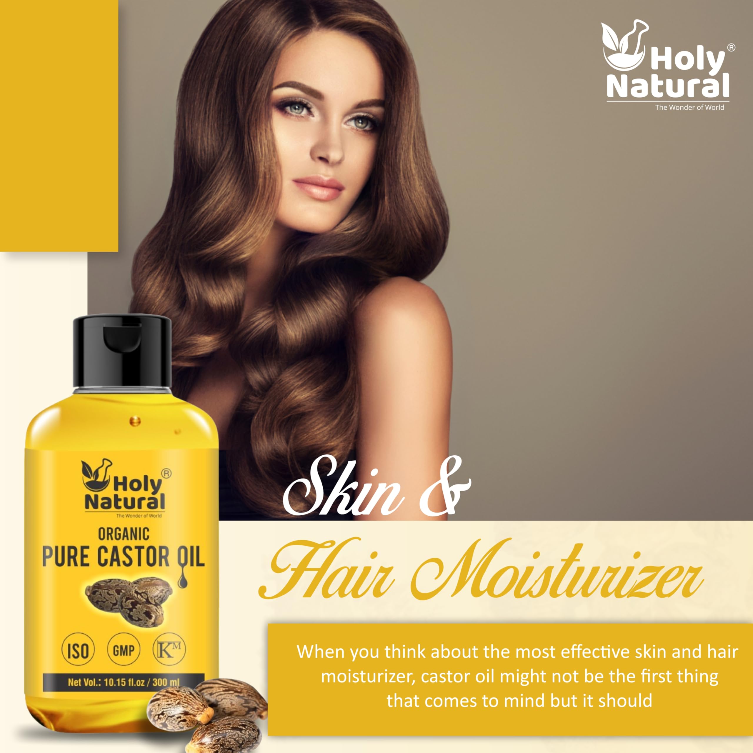 Holy Natural Cold Pressed Castor Oil 10.15 Fl Oz (300ml) - Pure, Hexane Free, Non-GMO, Unrefined for Hair Growth, Skin Moisturizing & Healing | Perfect for Scalp Massage, Eyelash Enhancement & Natural Beauty Care