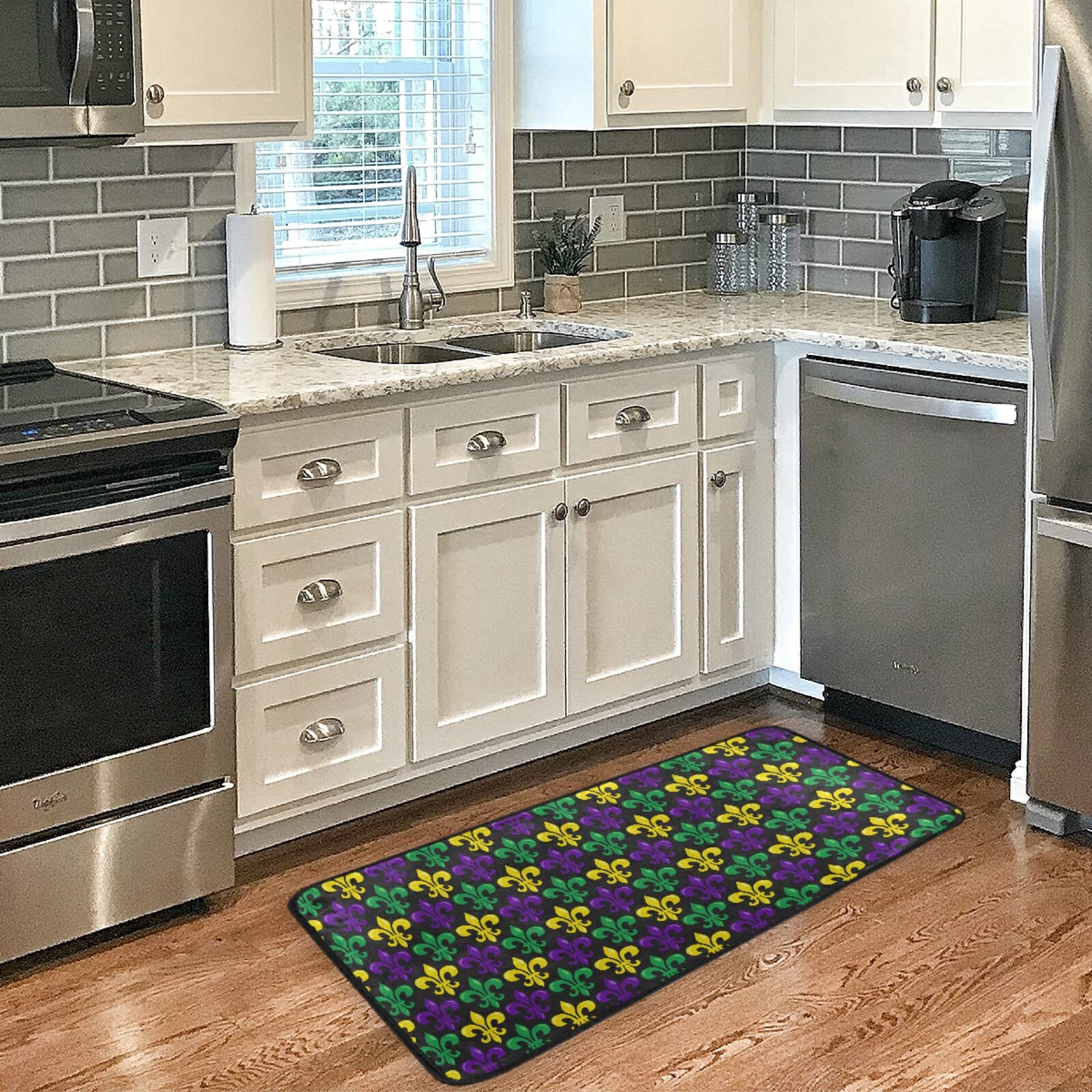 Ollabaky Mardi Gras Fleur de Lis Anti-Fatigue Kitchen Rug - Washable Non-Slip Cushioned Floor Mat for Standing Comfort (39