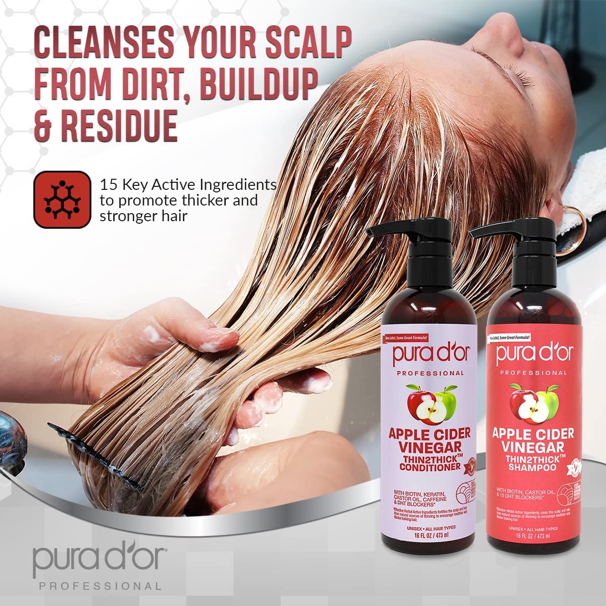 PURA D'OR Apple Cider Vinegar Thin2Thick Set (16oz x 2) - ACV Shampoo & Conditioner for Hair Growth, Clarifying & Detox - Anti-Thinning Biotin Shampoo with DHT Blocker - Clinically Tested for Thicker, Healthier Hair - Perfect for Daily Use & Hair Care Routine