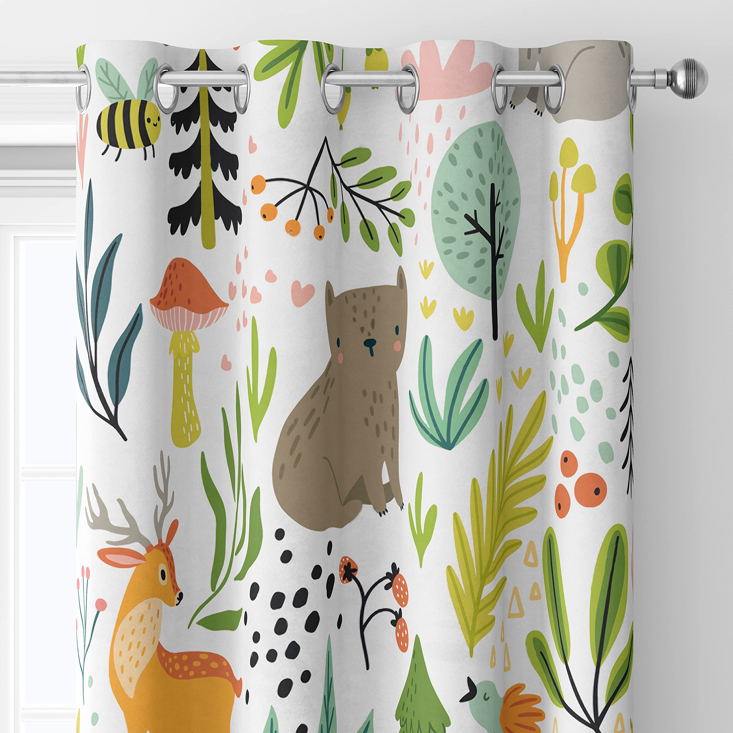 Blackout Curtains for Kids Room - Forest Theme with Wild Animals, Plants & Trees - 52x84 Inches (132x213cm) - Perfect for Bedroom, Nursery & Living Room Decor - Blocks Light for Better Sleep & Privacy