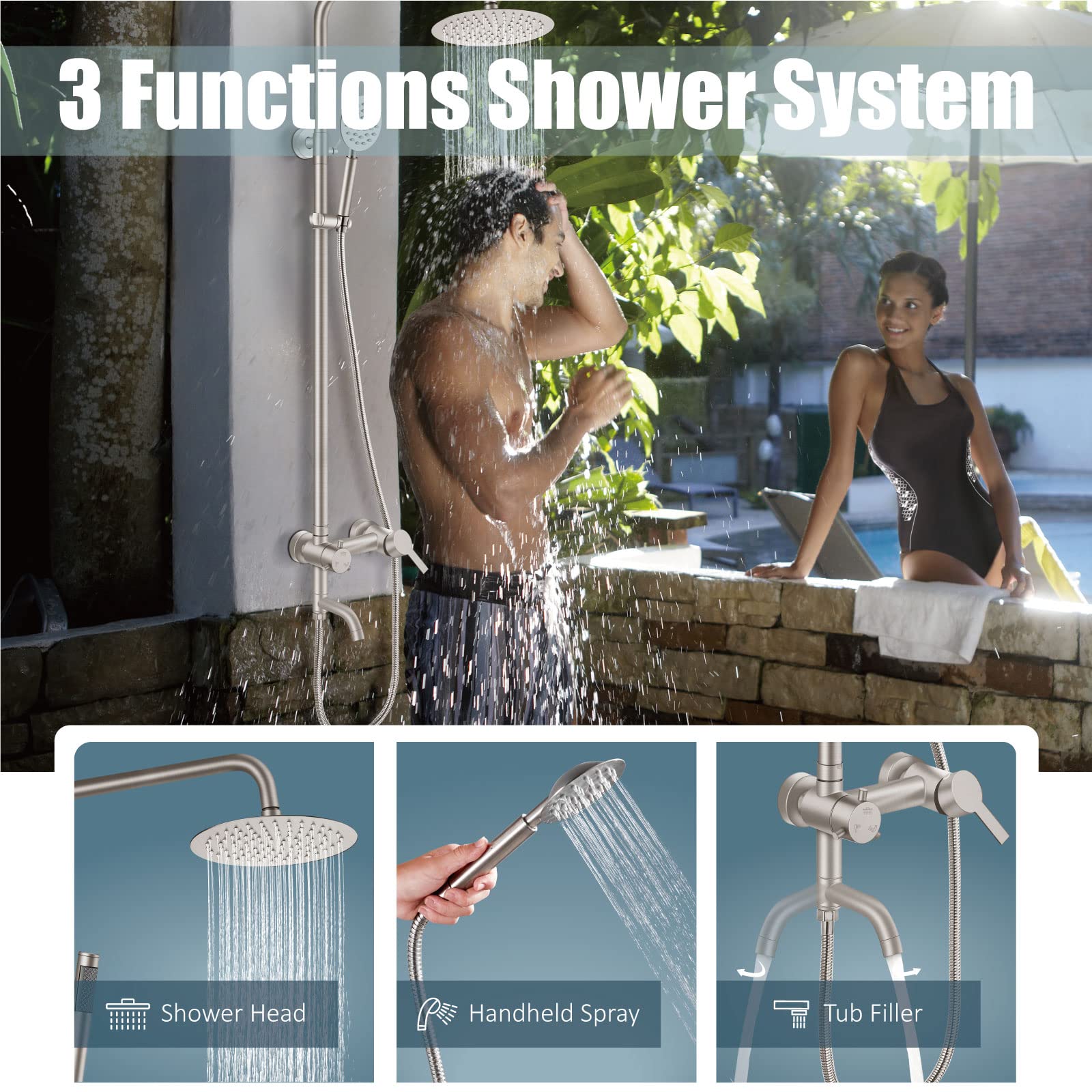 Aolemi Outdoor Shower Faucet - SUS304 Stainless Steel Triple Function Wall Mounted Shower System with 8