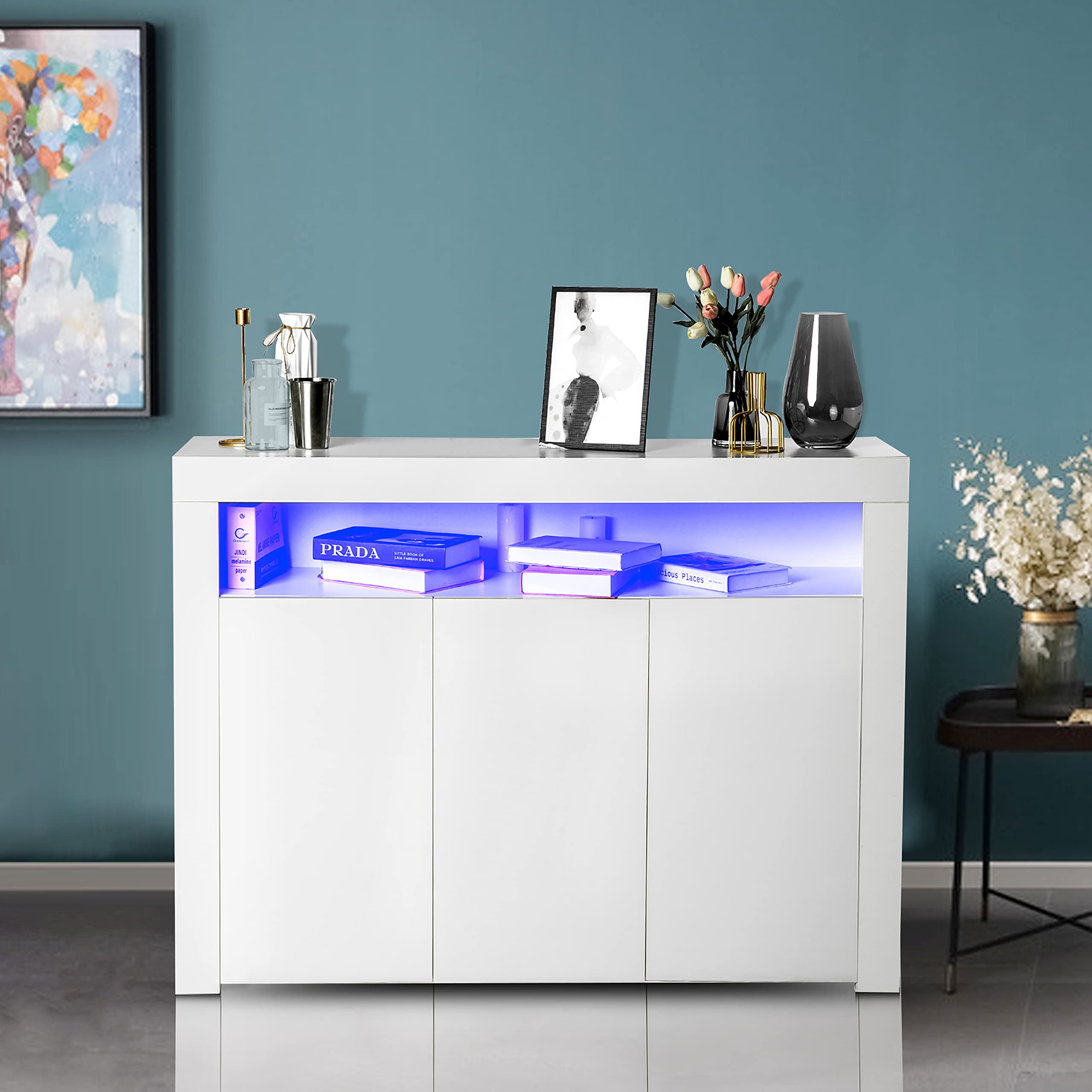 HomVent Modern Sideboard Buffet Cabinet with LED Lights - 16 Adjustable Colors, Storage Drawers & Shelves - Entryway Display Cabinet for Living Room, Bedroom, Kitchen | Perfect for Home Decor, Dining Room Storage & Entertainment Areas (White A)