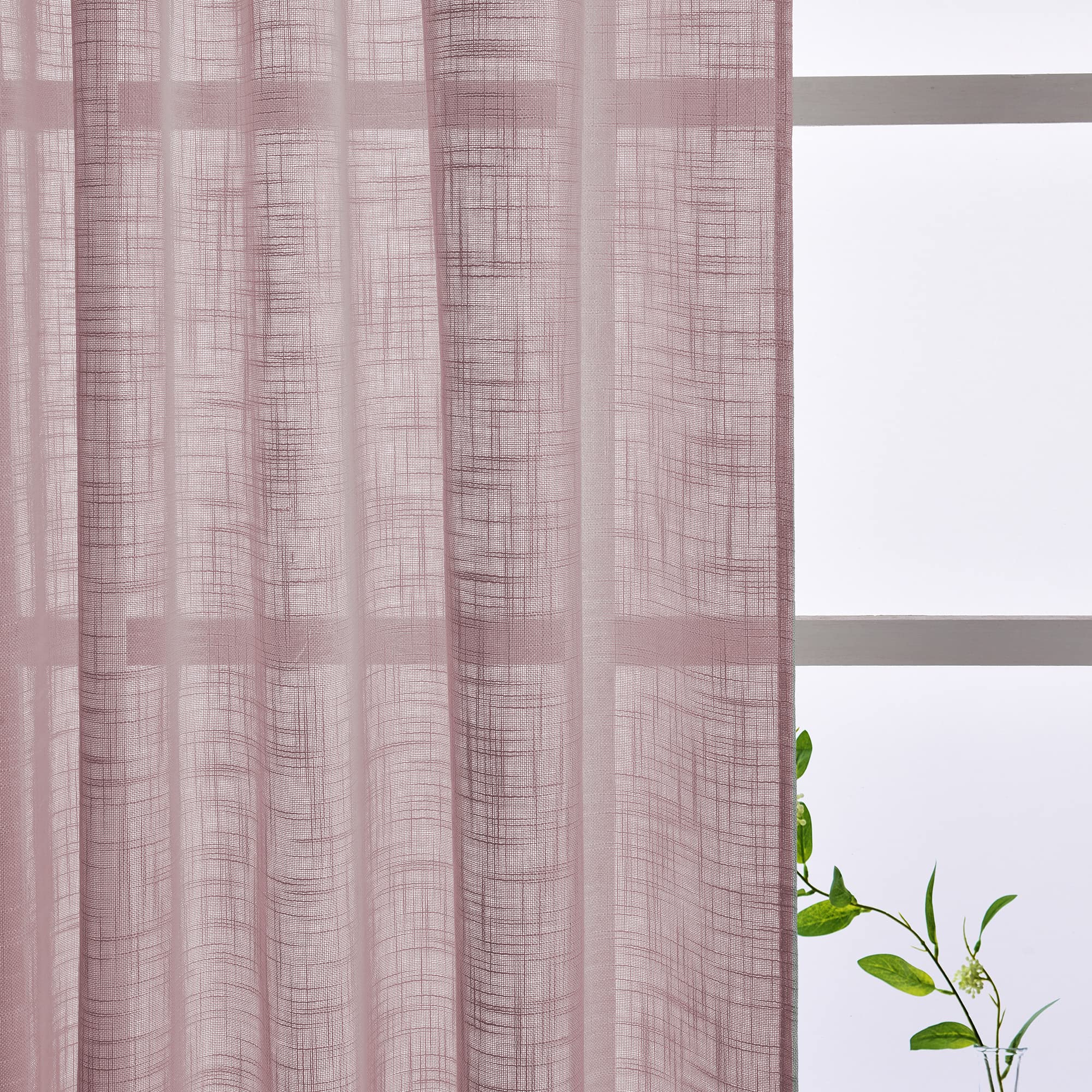 Kinryb Pink Sheer Curtains 52x36 Inches - Light Filtering Semi-Transparent Faux Linen Window Drapes with Rod Pocket, Soft Pink Kitchen Curtains for Small Windows (1 Pair) - Perfect for Bedroom, Living Room & Bathroom Privacy