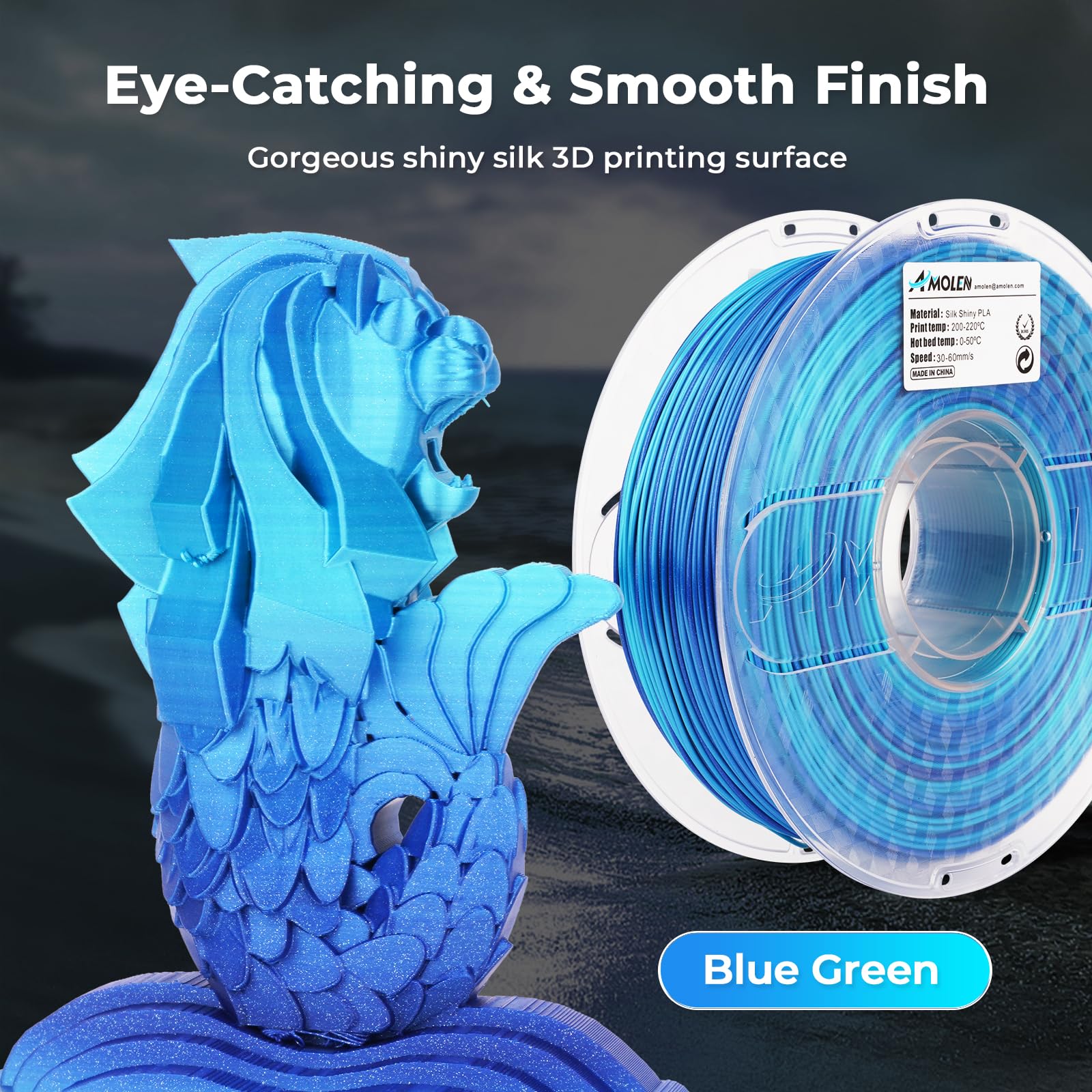 AMOLEN Premium PLA 3D Printer Filament 1.75mm - Silk Shiny Gradient Filament in Azure Blue (1KG/2.2lb) for Smooth 3D Printing | Perfect for Cosplay Props, Home Decor & DIY Projects