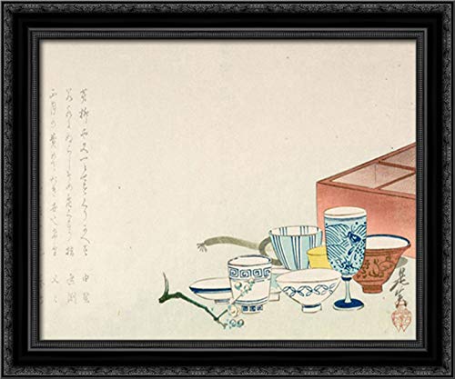 Shibata Zeshin Black Ornate Wood Framed Canvas Art - Porcelain Cups 24x20 Wall Decor for Living Room, Bedroom & Office