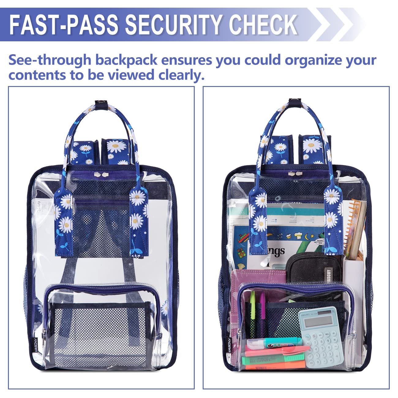 VASCHY Heavy Duty Clear Backpack - Transparent See Through School Bookbag for Students, Travel, Work & Security Checkpoints | Durable & Water Resistant