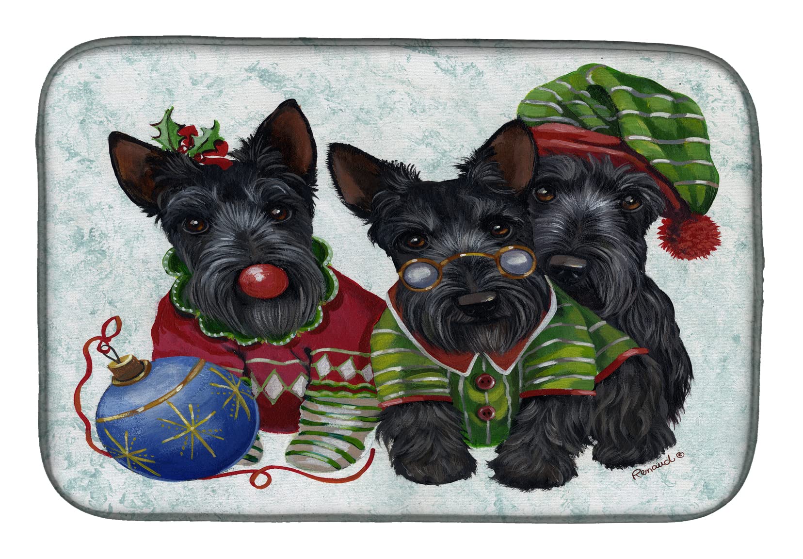 Scottish Terrier Christmas Elves Dish Drying Mat - Absorbent Kitchen Counter Mat for Dishes, 14 x 21 Inch Multicolor - Perfect for Holiday Decor and Drying Dishes Safely