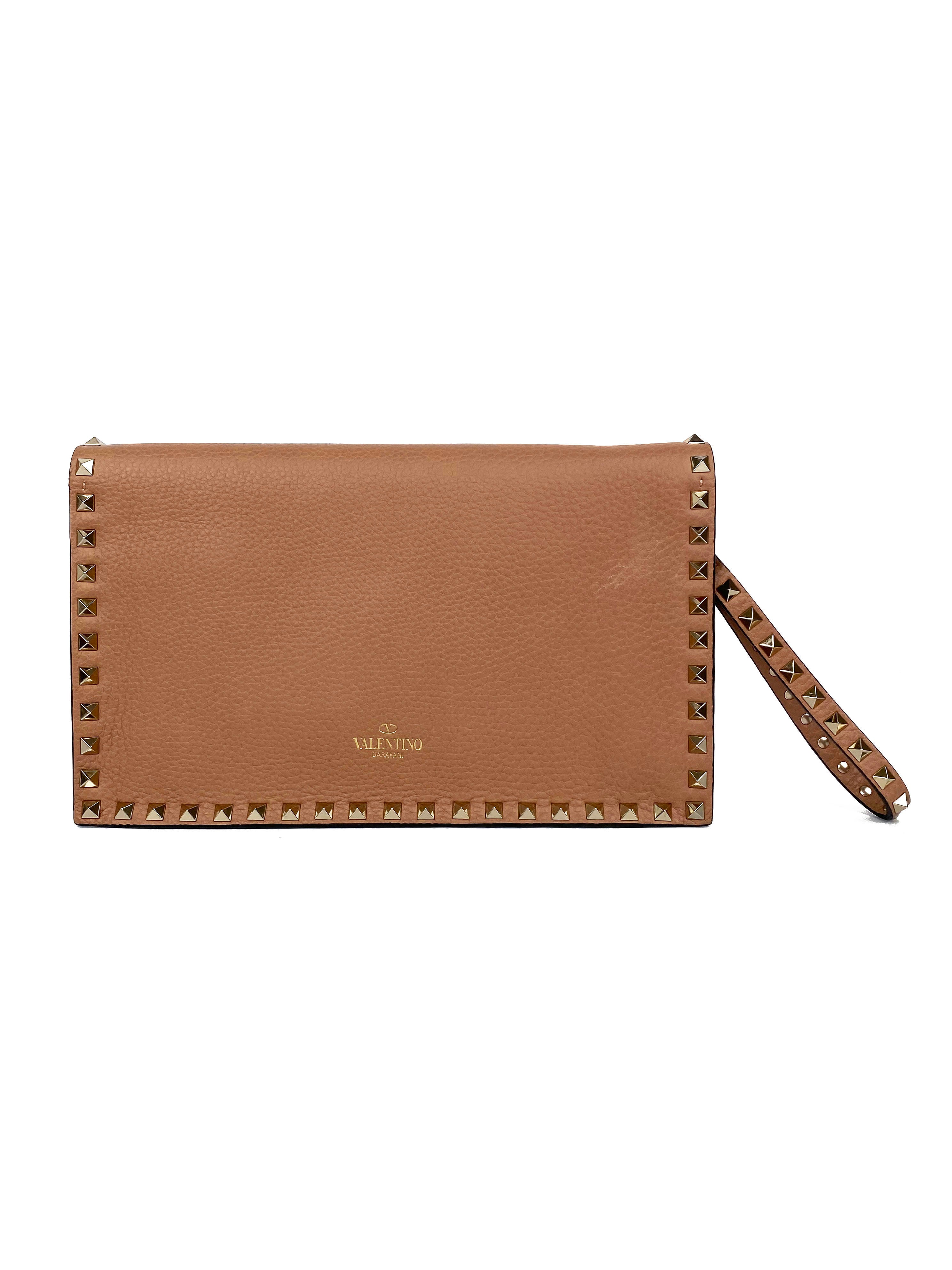 Valentino Rockstud Nude Leather Clutch Bag for Women - Elegant Evening Clutch for Parties, Weddings & Special Events