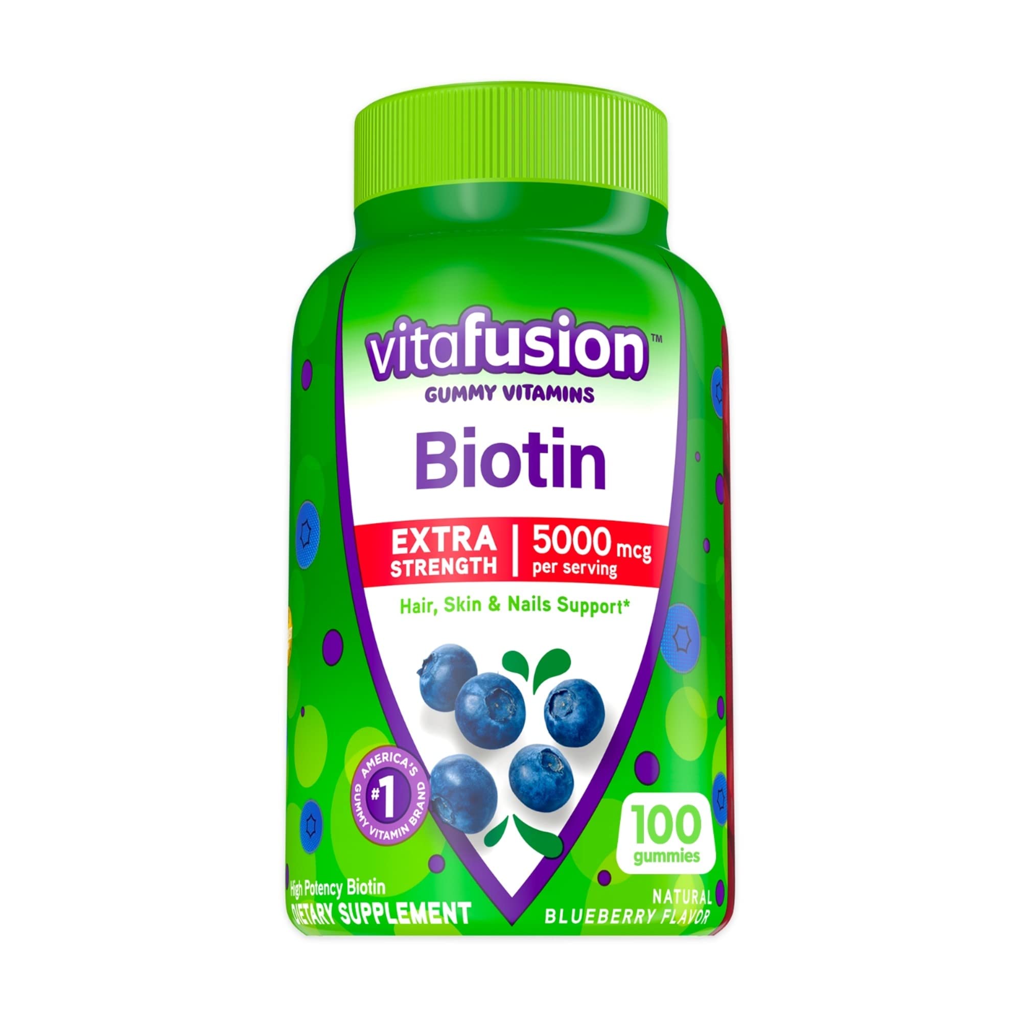 Vitafusion Extra Strength Biotin Gummy Vitamins - Blueberry Flavor | 100 Count | Supports Hair Growth, Skin Health & Strong Nails | Perfect for Daily Wellness Routine & Beauty Enhancement