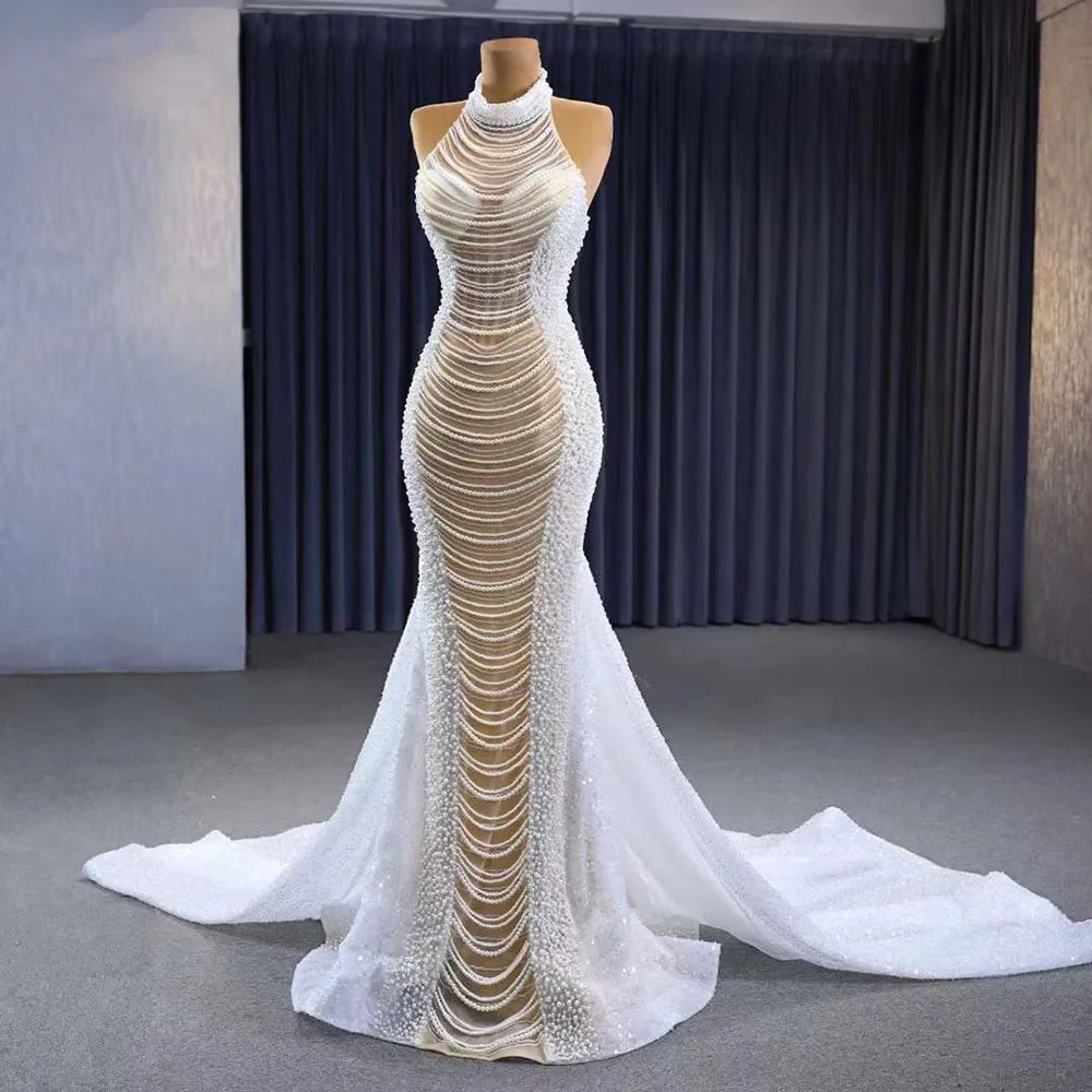 Serene Hill White Champagne Mermaid Wedding Dress with Lace-Up Back & Pearl Beading - Luxury Custom Bridal Gown 2025 (HM231033) | Perfect for Beach Weddings, Formal Ceremonies & Red Carpet Events