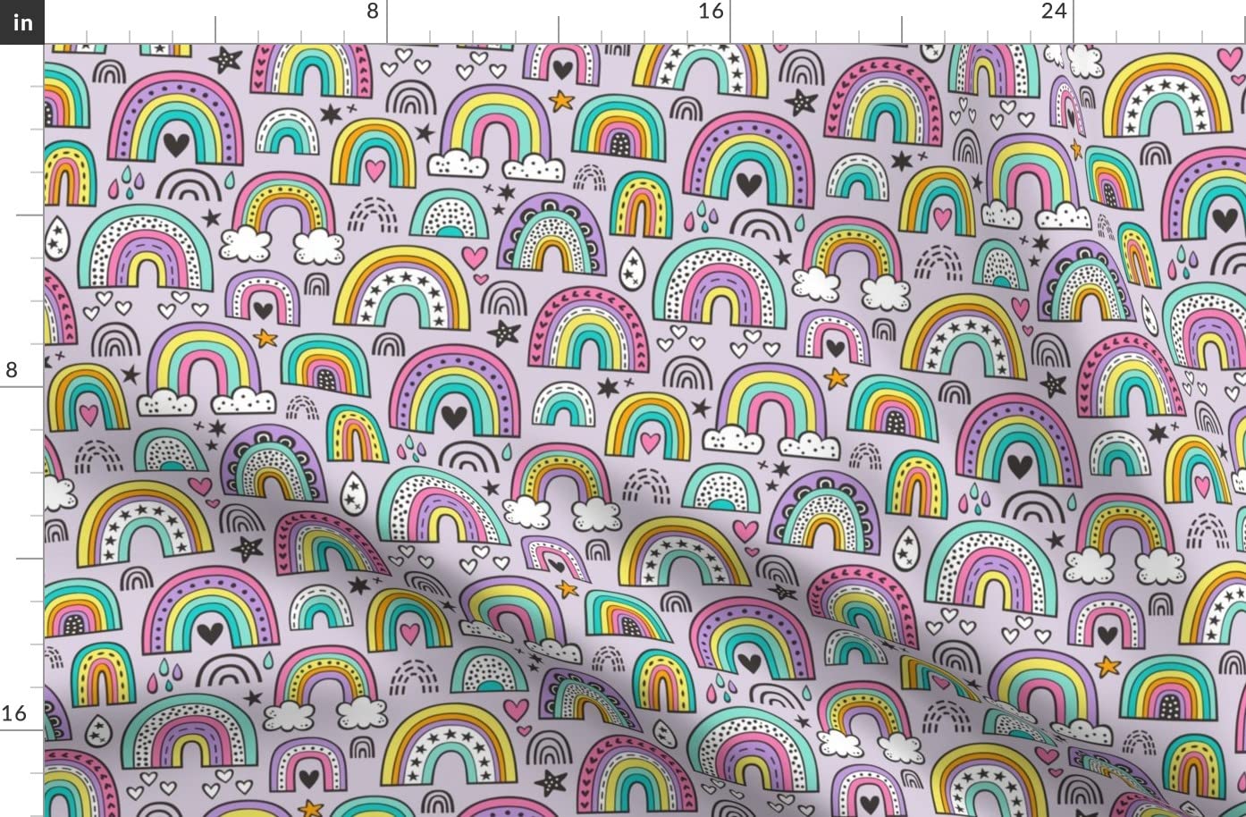 Rainbow Hearts Stars Summer Love Doodle Light Purple Rainbows Printed Denim Fabric by The Yard - Bottomweight Cotton Fabric for Apparel, Home Decor & Upholstery - Perfect for DIY Clothing, Curtains, Pillows and Craft Projects