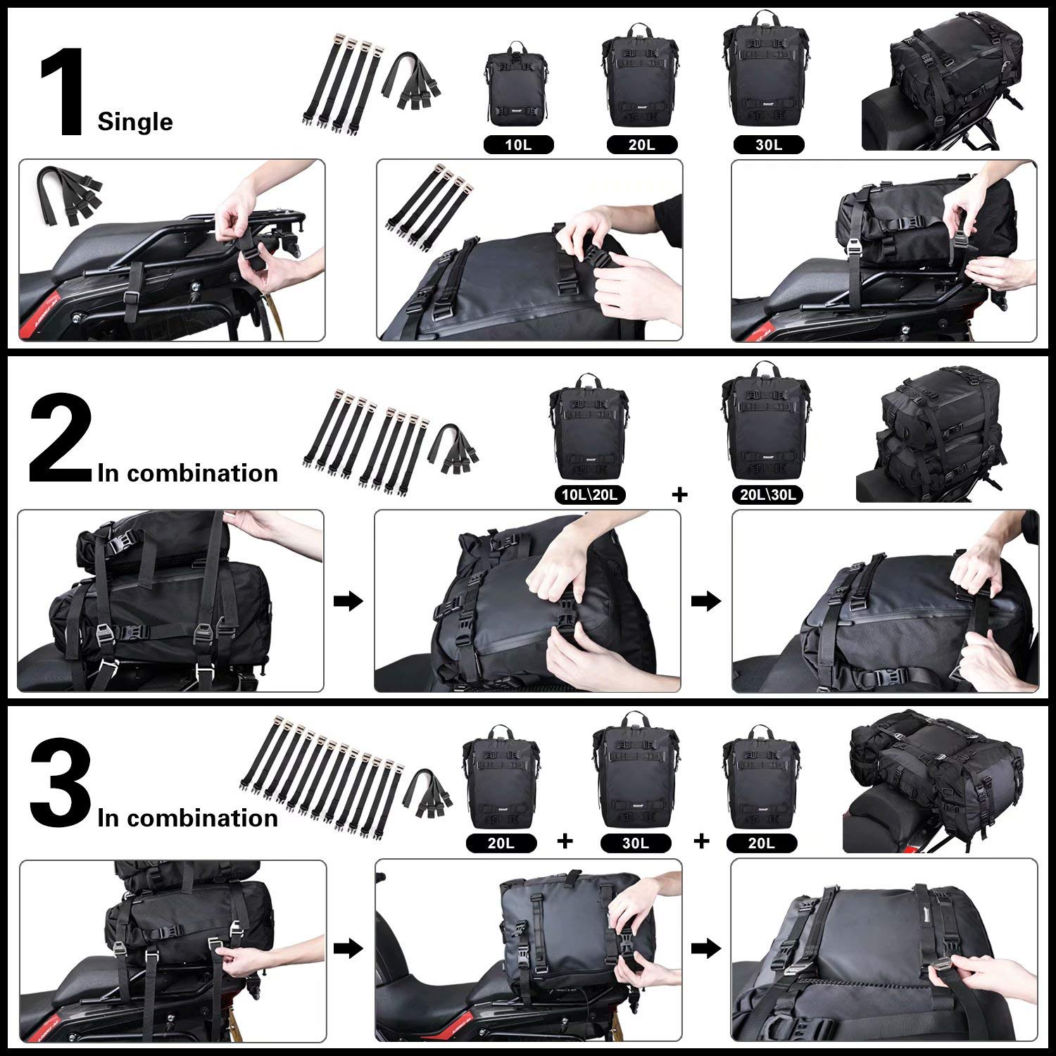 Rhinowalk 10L/20L/30L Waterproof Motorcycle Pannier Bag - Durable Rear Rack Trunk Seat Storage for Bikes - Perfect for Commuting, Touring & Adventure Rides (Black, 10L)