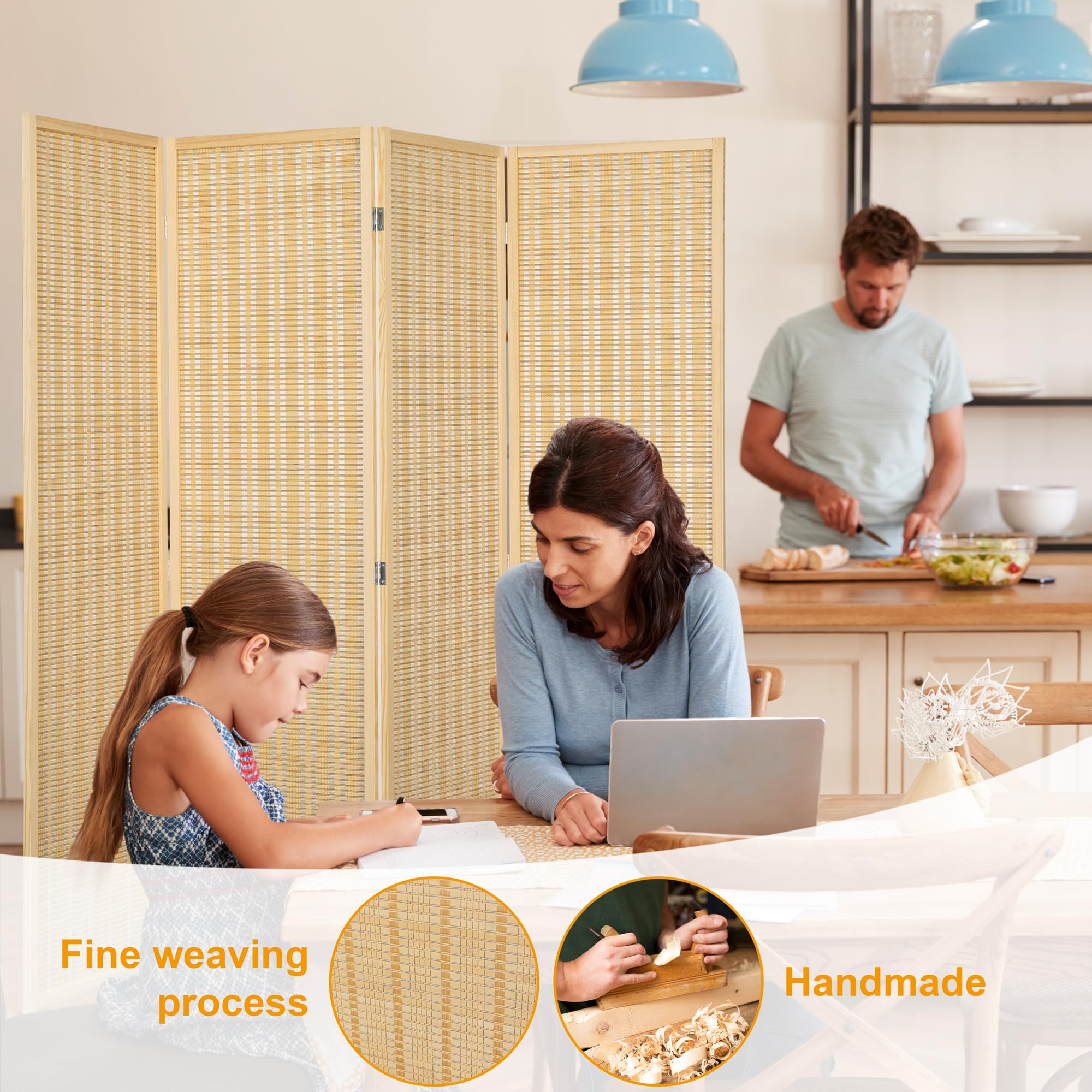 4 Panel Bamboo Room Divider - Folding Privacy Screen & Partition Wall for Living Room, Bedroom, Office - 66.9