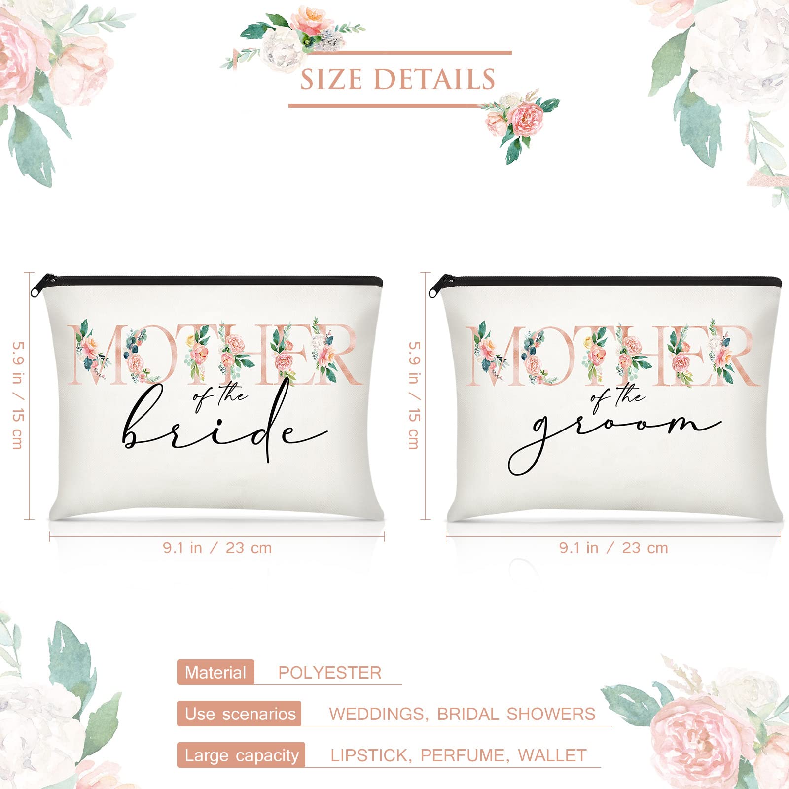 4-Piece Mother of the Bride & Groom Wedding Cosmetic Bag Set with Embroidered Handkerchief - Makeup Pouch, Hankie Gift Set for Wedding Party, Bridal Shower (Floral Design, Multi Colors) - Perfect for Bridal Preparation, Wedding Day Essentials & Special Occasion Gifts