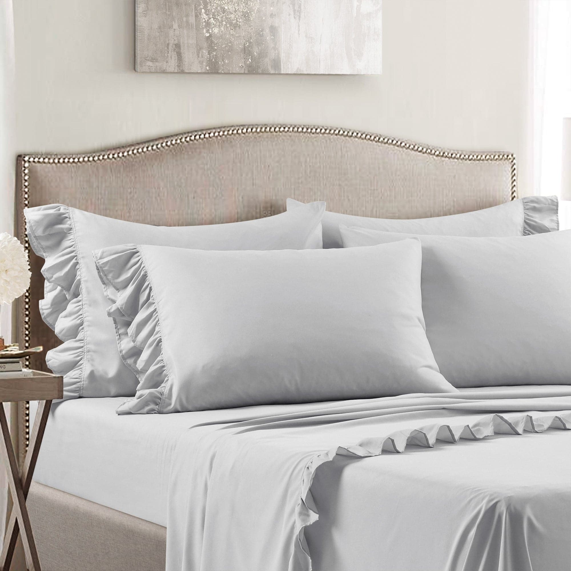Reyna Ruffle Sheet Set - Queen Size 4-Piece Bedding Set with Floral Lace Trim, Soft Breathable Cotton for Girls & Women - Perfect for Bedroom Decor, Guest Room, and Luxury Hotel Style