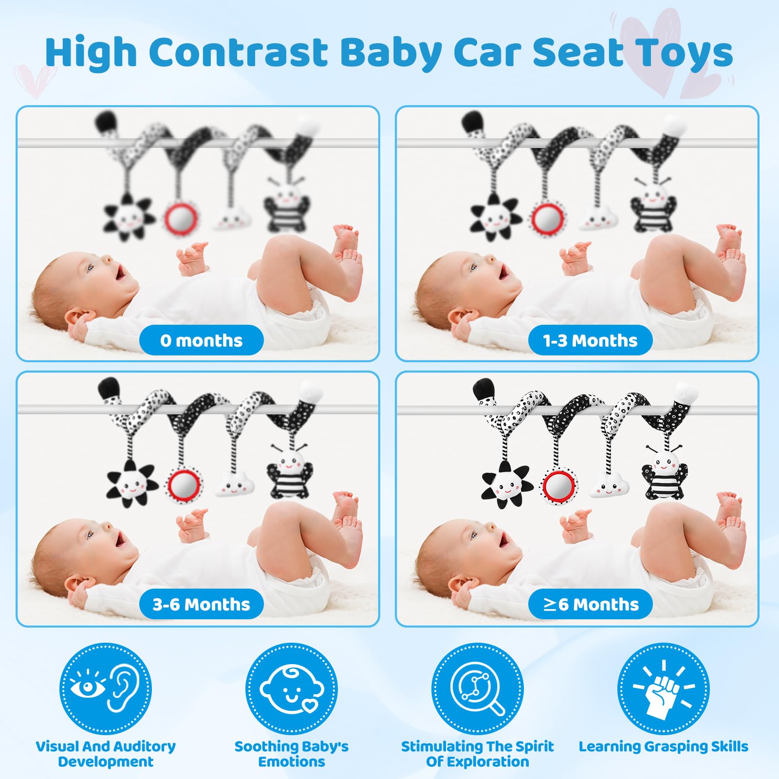 Best Black and White High Contrast Baby Toys for 0-6 Months - Hanging Car Seat & Stroller Toys for Newborn Brain Development - Perfect Crib Mobile & Infant Gift for Playtime and Travel