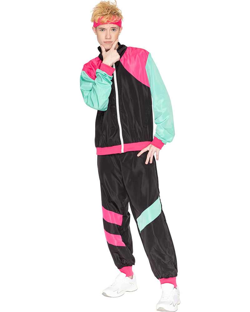 80s Retro Black and Pink Tracksuit for Adults - Plus Size Vintage Jogging Suit | Perfect for Halloween Costumes, 80s Themed Parties, and Casual Workouts