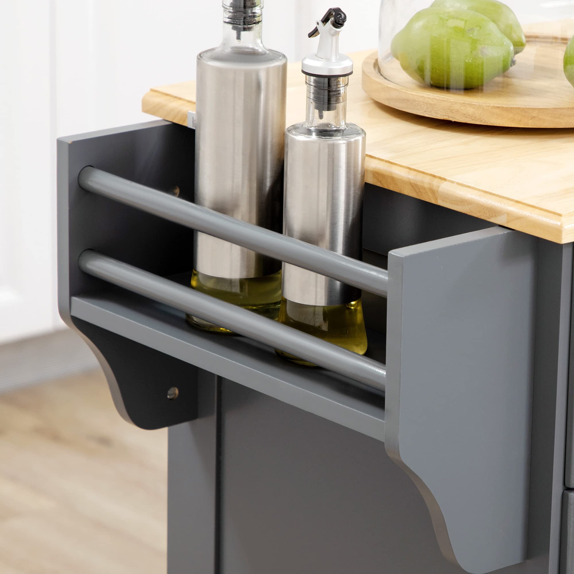 HOMCOM 3-Tier Rolling Kitchen Island with Drawers, Wood Countertop & Spice Rack - Mobile Storage Cabinet for Small Spaces, Dark Gray - Perfect for Apartments, Dorms & Compact Kitchens