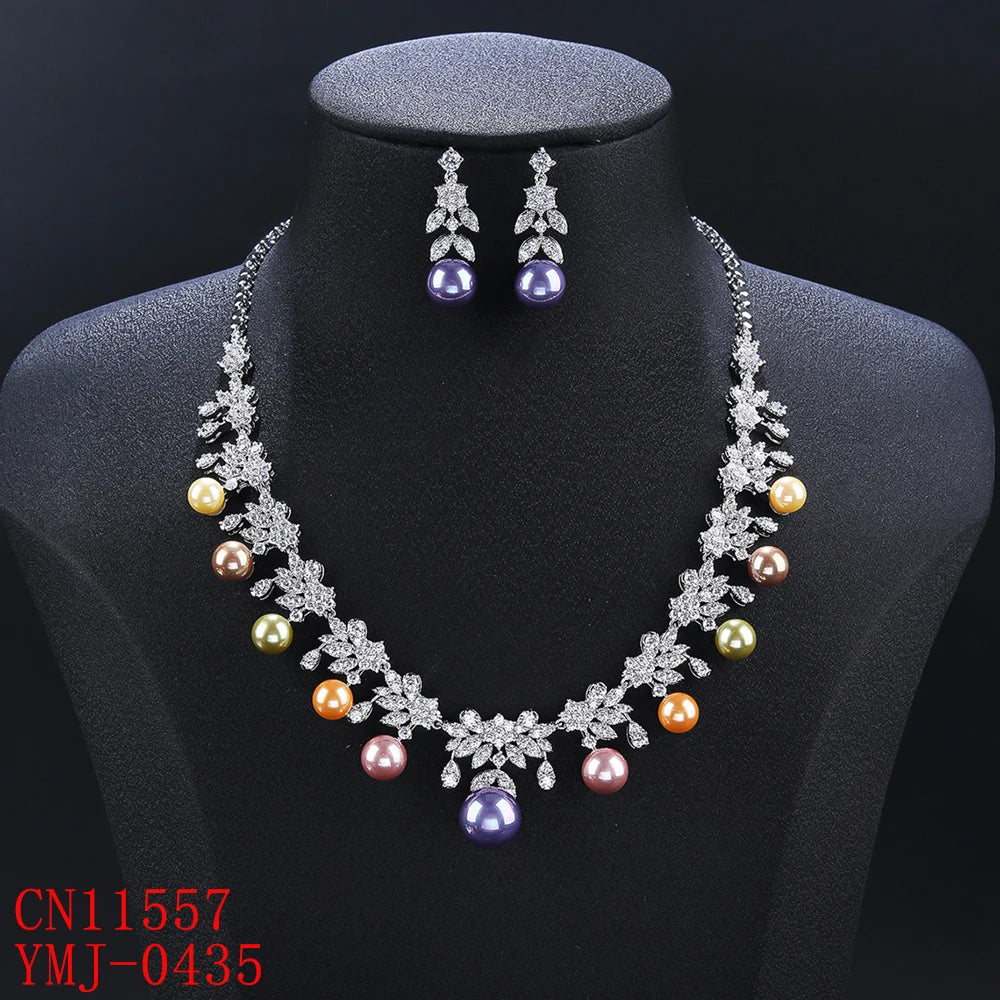 Elegant Cubic Zirconia Pearl Flower Necklace & Earrings Set for Women | Party Jewelry | Costume Accessories | Perfect for Weddings, Prom & Evening Events
