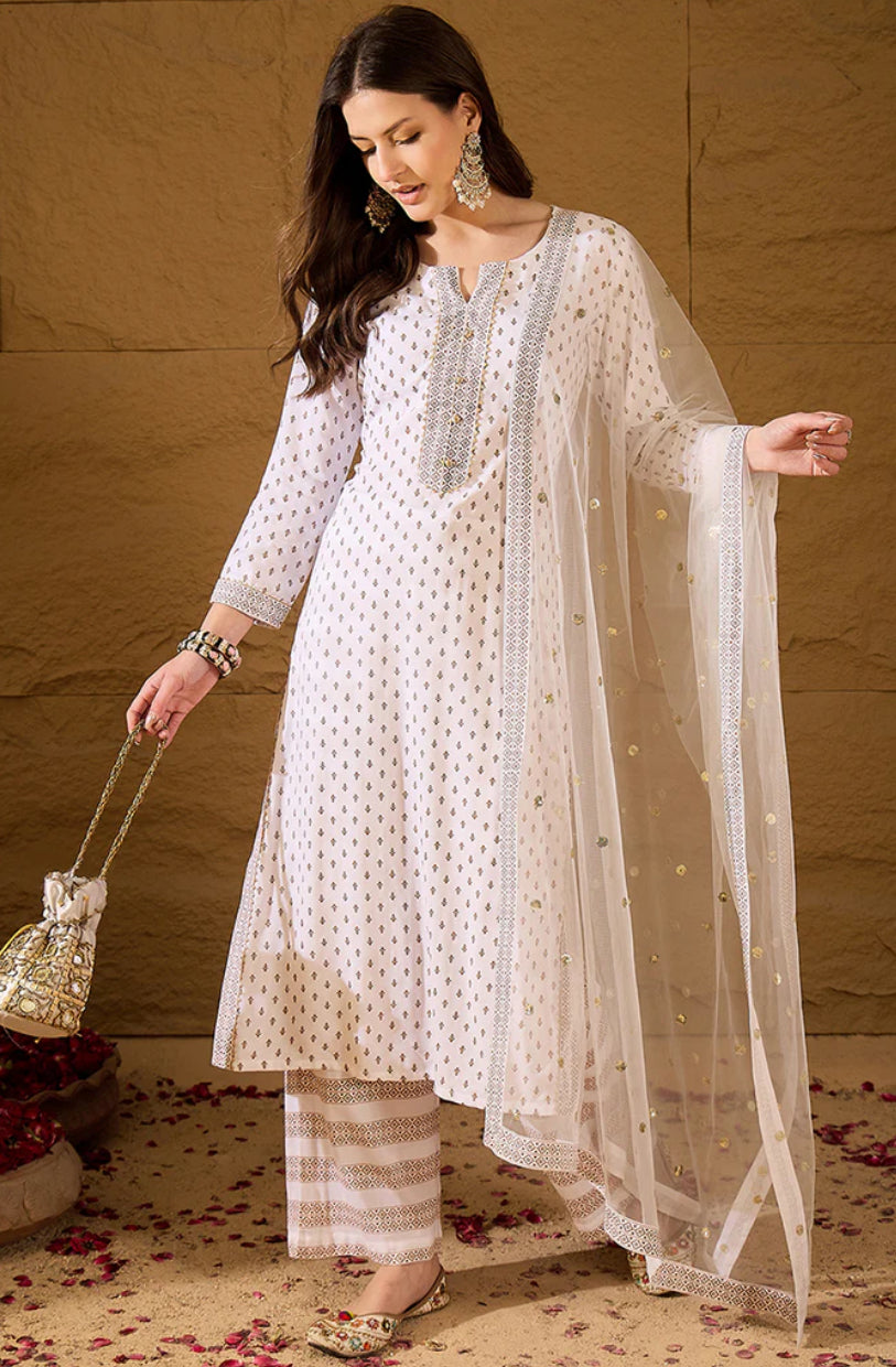 White Viscose Rayon Ethnic Printed Straight Suit Set for Women - Bohemian Style Summer Outfit for Beach, Vacation & Casual Wear