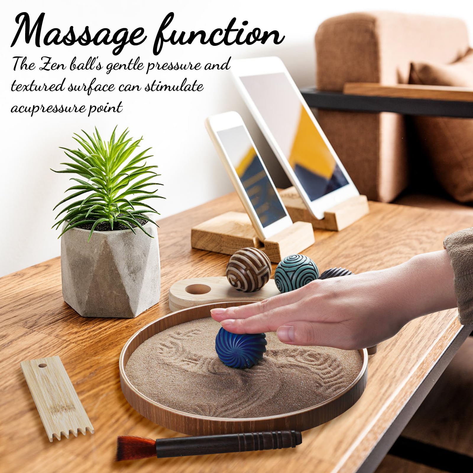 Melonva Mini Zen Garden for Desk - 9.5''x9.5'' Automatic Sand Tray with Bamboo Rake & 4 Stamp Spheres - Stress Relief Office Decor, Meditation Room Accessory - Perfect for Work Desks, Home Decor & Mindfulness Practice