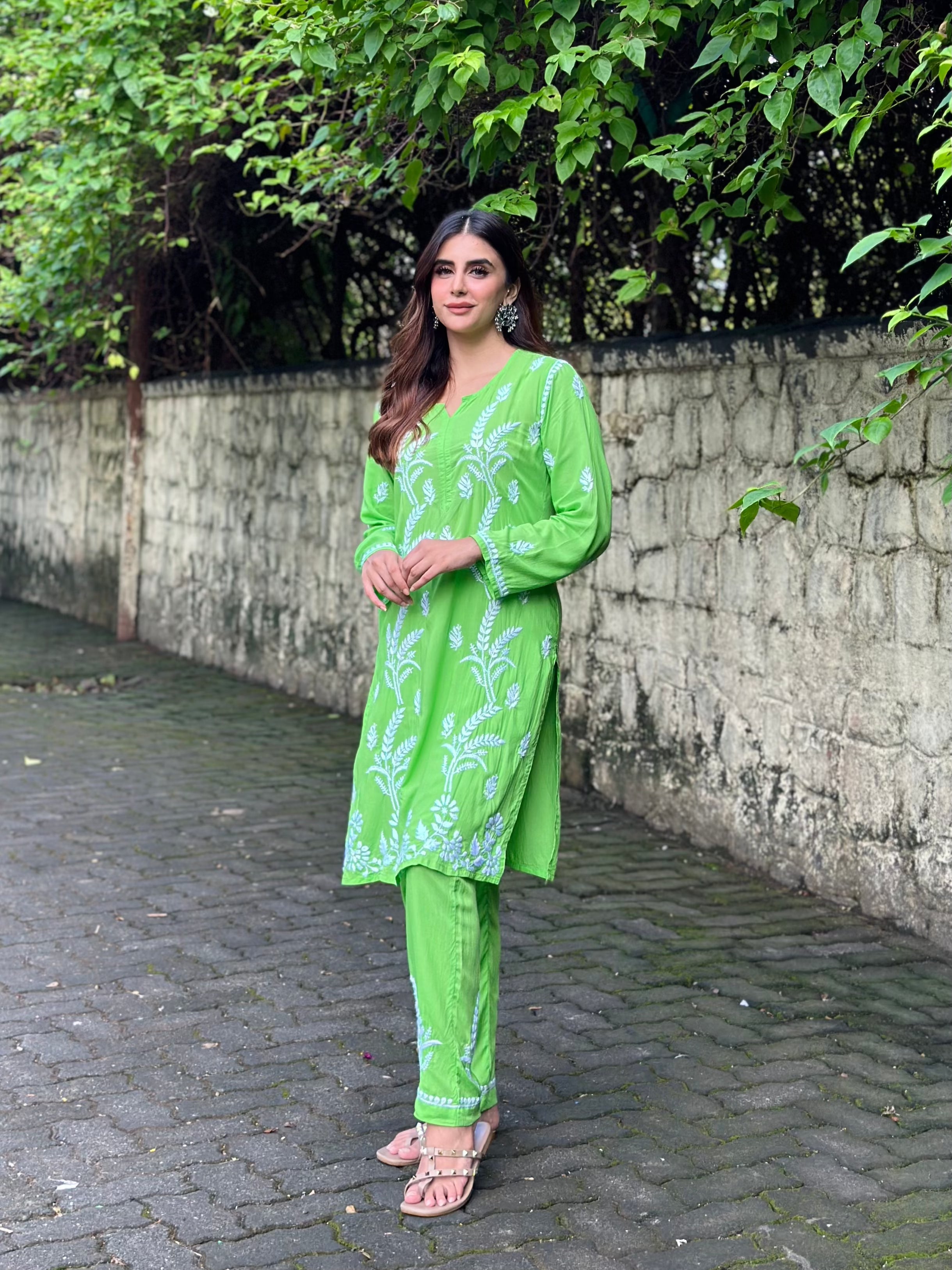 Stylish Miesha Chikankari Short Modal Kurta Set in Green - Perfect for Casual Wear, Festivals & Ethnic Outfits