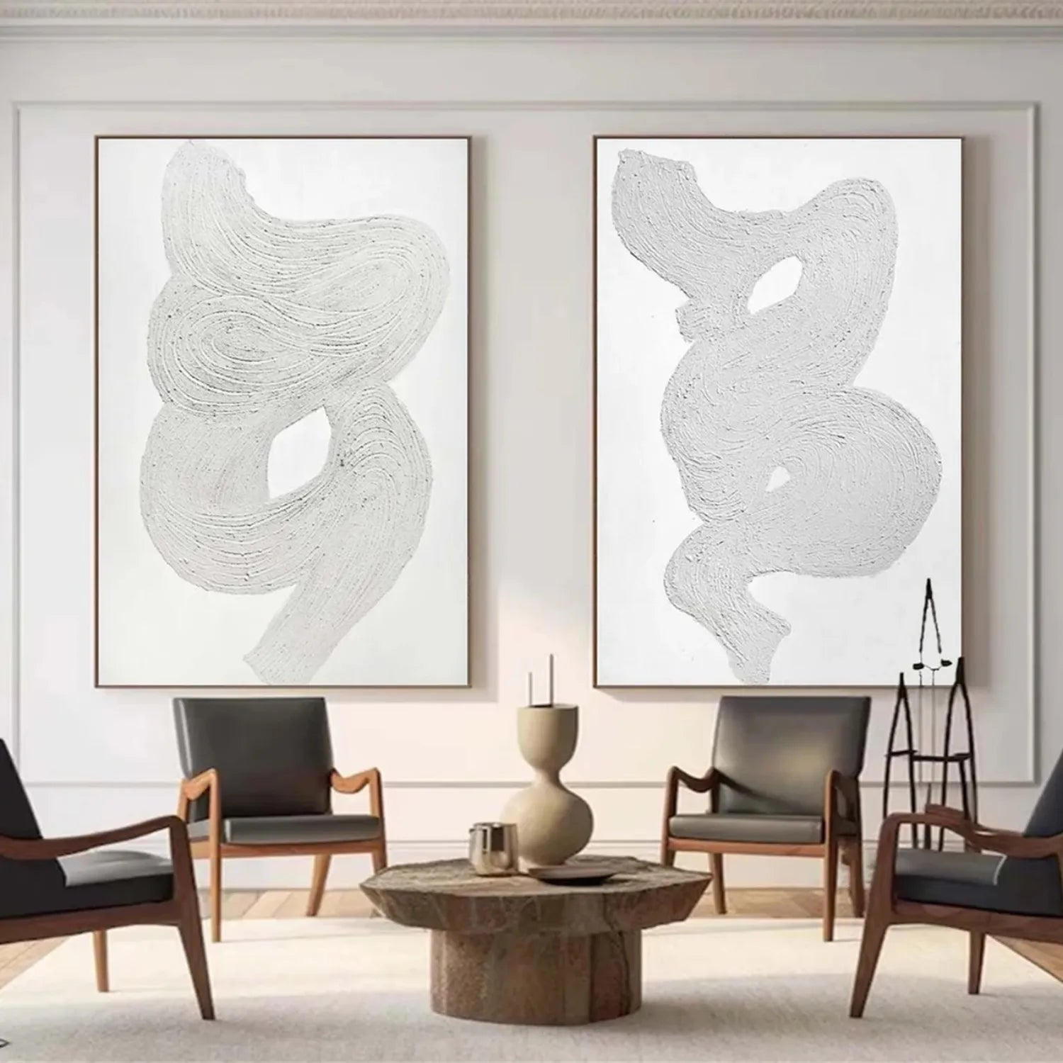 Modern White Minimalist Textured Wall Art - Set of 2 Abstract Canvas Paintings for Living Room & Bedroom Decor | MM276