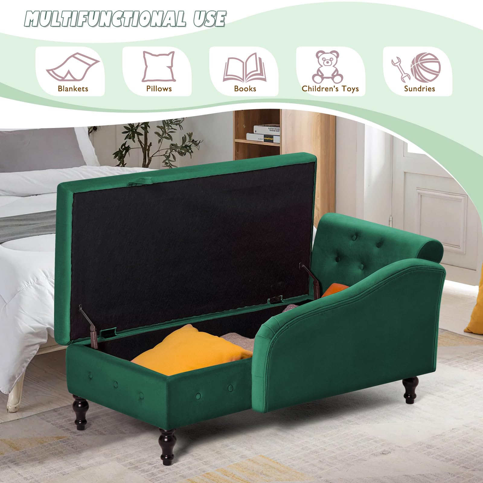 Velvet Upholstered Chaise Lounge with Left Armrest & Lumbar Pillow - Button Tufted Storage Sofa, Modern Lounge Chair for Bedroom, Living Room & Office - Green | Perfect for Small Spaces, Reading Nook & Relaxation