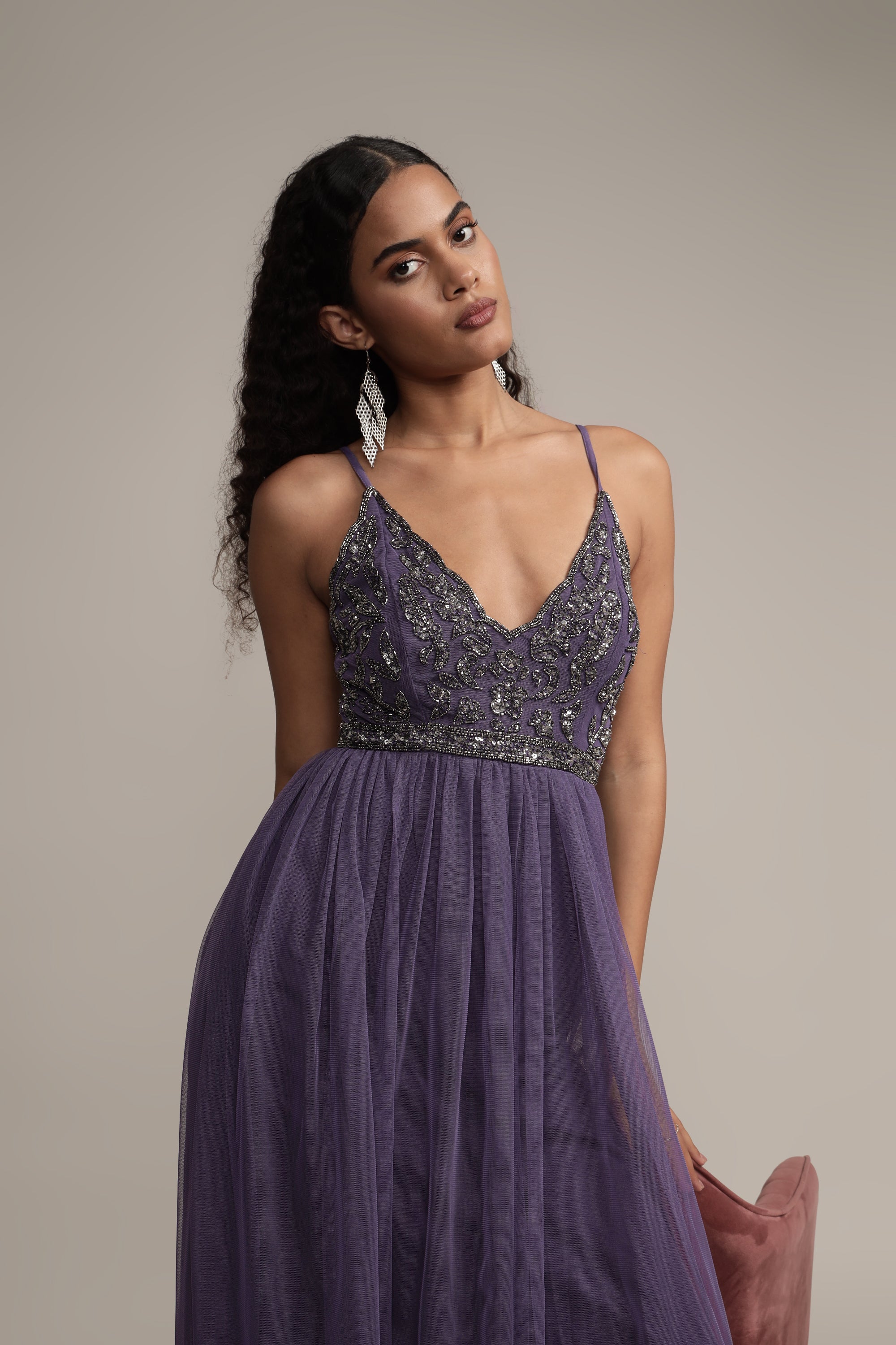 Lexi Embellished Maxi Dress in Mulled Grape - Elegant Long Flowy Evening Gown for Weddings, Parties & Special Occasions
