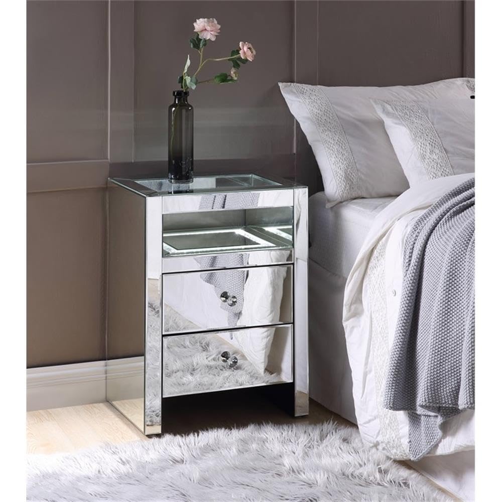 Acme Dominic Modern LED Nightstand with 2 Drawers & Mirrored Glass - Perfect for Bedroom, Living Room, or Office Storage