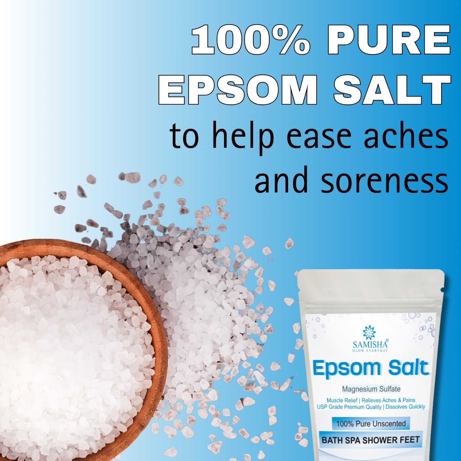 SAMISHA Epsom Salt for Pain Relief & Muscle Relaxation - Magnesium Sulfate Bath & Foot Soak - Unscented Bathing Salt for Relaxing Showers, Spa, and Post-Workout Recovery (Pack of 1)