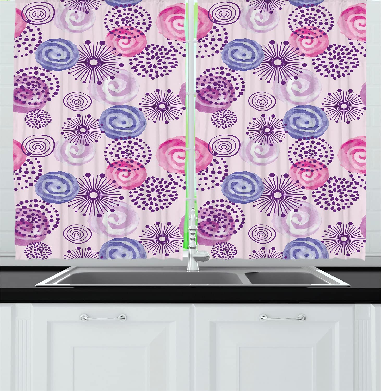 Ambesonne Purple Long Kitchen Curtains - Watercolor Floral Fireworks & Abstract Spiral Doodle Design - 2 Panel Rod Pocket Drapes for Windows 55x45 Inches - Blue Pink Home Decor for Kitchen, Dining Room & Bedroom