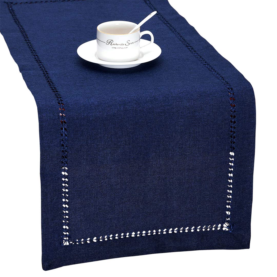 Handmade Hemstitch Solid Navy Blue Nautical Rectangular Table Runner - 14 x 108 Inch - Perfect for Dining Table Decor, Buffet Scarf, or Dresser Cover - Elegant Home Decor for Weddings & Holidays