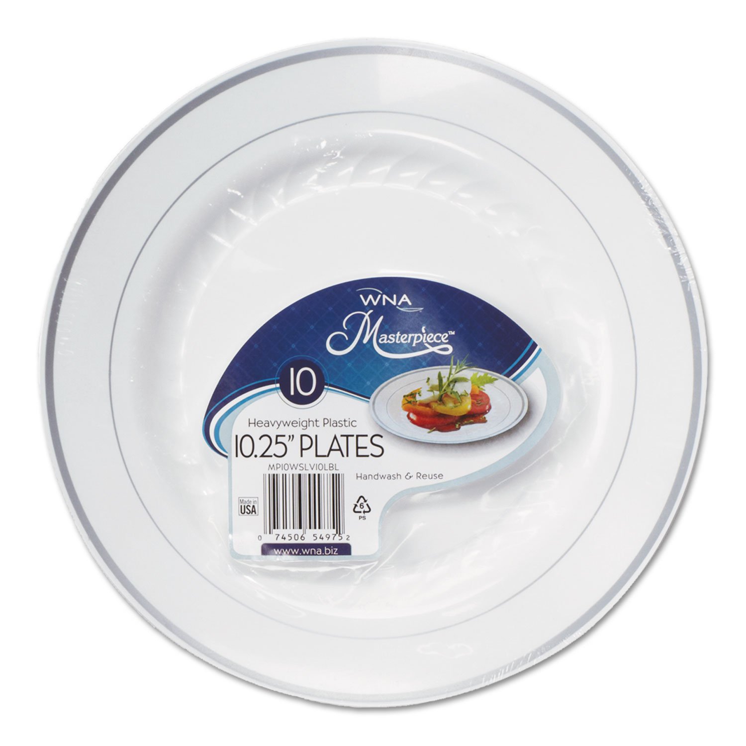 WNA RSM101210WS Premium Plastic Plates - 10.25 Inch Round Dinner Plates in White with Silver Accents (120-Pack) - Perfect for Parties, Weddings & Catering Events