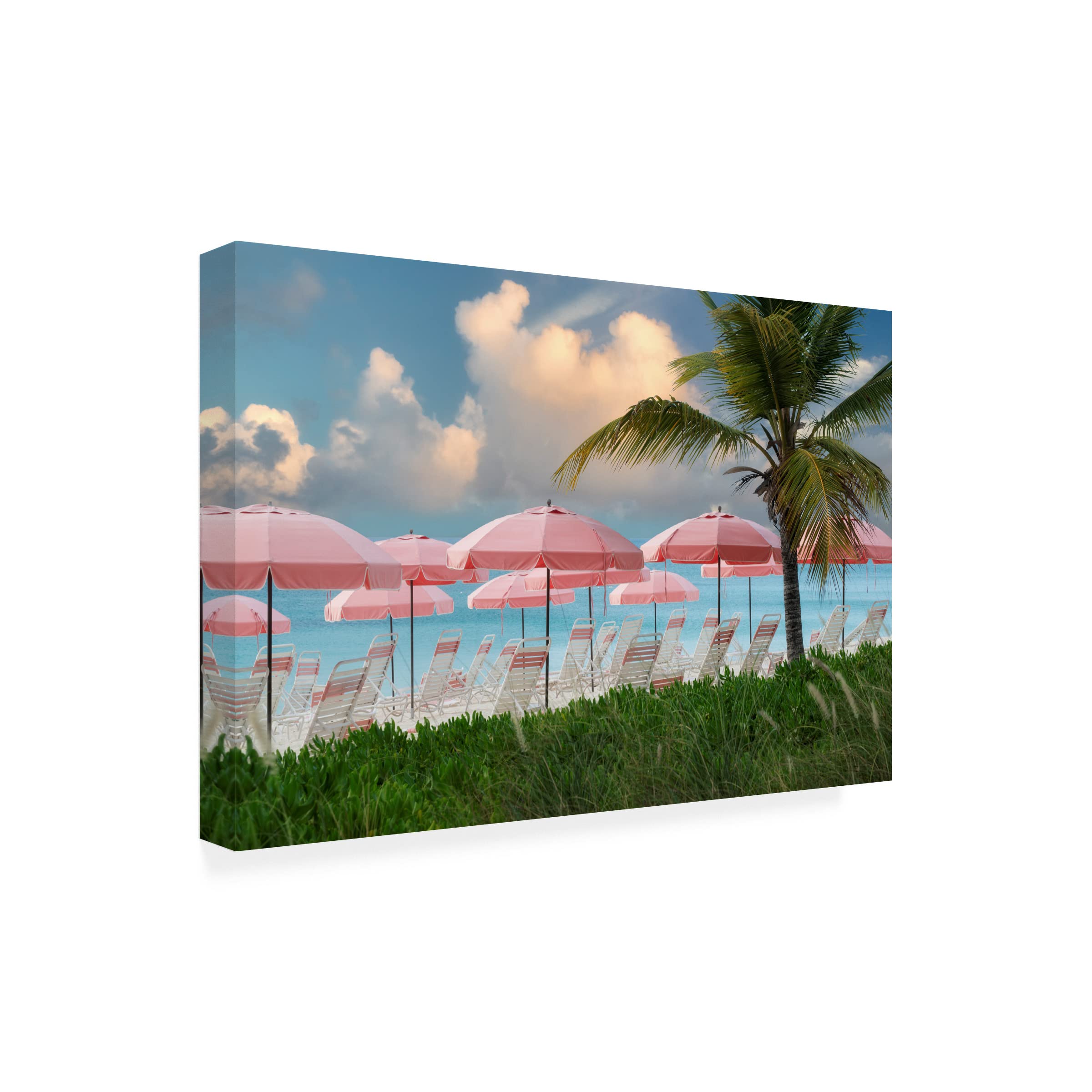 Pink Beach Umbrellas Canvas Wall Art Print by Dennis Frates - Coastal Decor for Living Room, Bedroom & Office - Vibrant Seascape Painting for Beach House & Vacation Home Decor