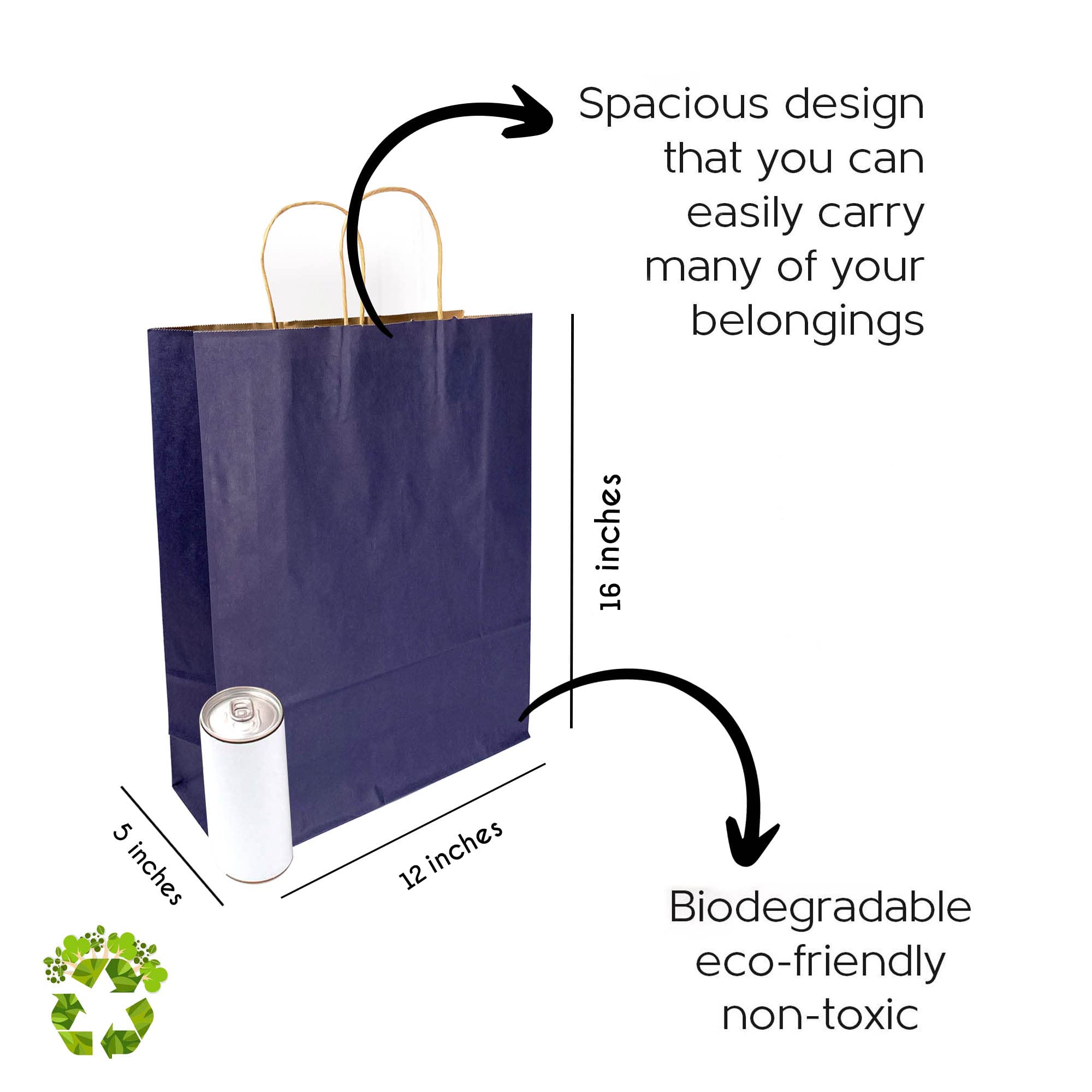 JET PAPER BAGS - 12x5x16 Inch [250 Pcs] Large Kraft Gift Bags with Handles Bulk - Navy Blue Prime Kraft Paper Bags for Gifts, Retail, Parties, Weddings, Grocery & Goody Bags - Perfect for Birthday Presents, Holiday Gifting & Store Packaging