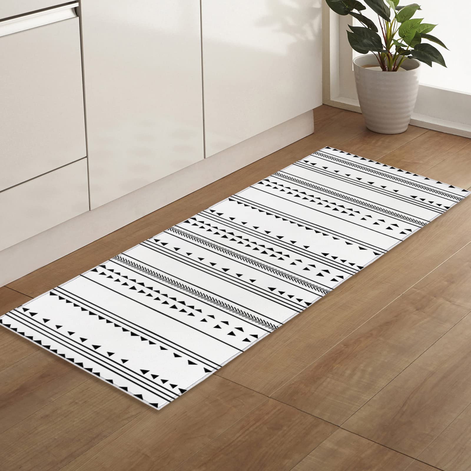 Non-Slip Geometric Boho Kitchen Runner Rug - Black & White Abstract Art Indoor Floor Mat for Hallways, Entryways & Laundry Rooms | Perfect for High-Traffic Areas & Spill-Prone Spaces