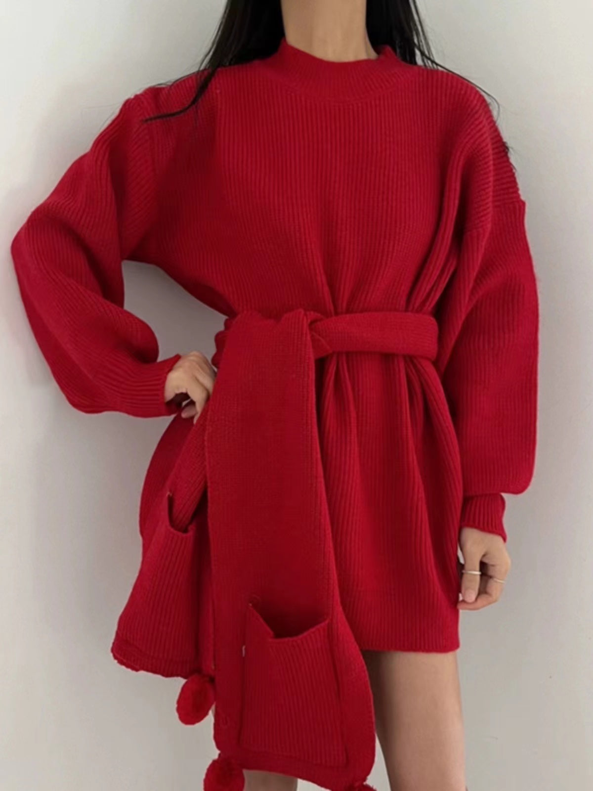 Lovevop Women's Christmas Red Loose Knit Scarf Sweater Dress - Cozy Holiday Party Outfit for Xmas, Winter Date Night & Casual Wear