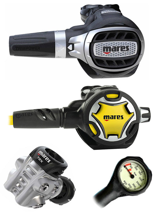 Mares Ultra 72X Scuba Diving Regulator Set with Octopus & Free Thermometer Gauge - DIN or Yoke Options for Professional and Recreational Divers | Perfect for Deep Sea Exploration, Coral Reef Diving, and Underwater Photography