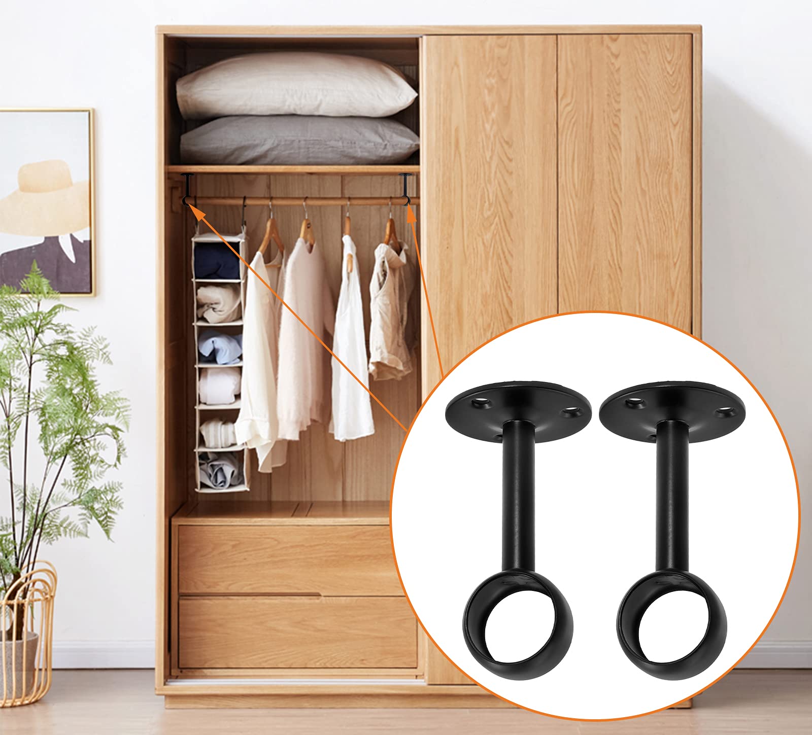 2 Pack 1 Inch Heavy Duty Stainless Steel Ceiling Mount Curtain Rod Brackets - Matte Black Flange Closet Rod Holder & Shower Curtain Rod Socket for Bedroom, Bathroom, Closet Organization