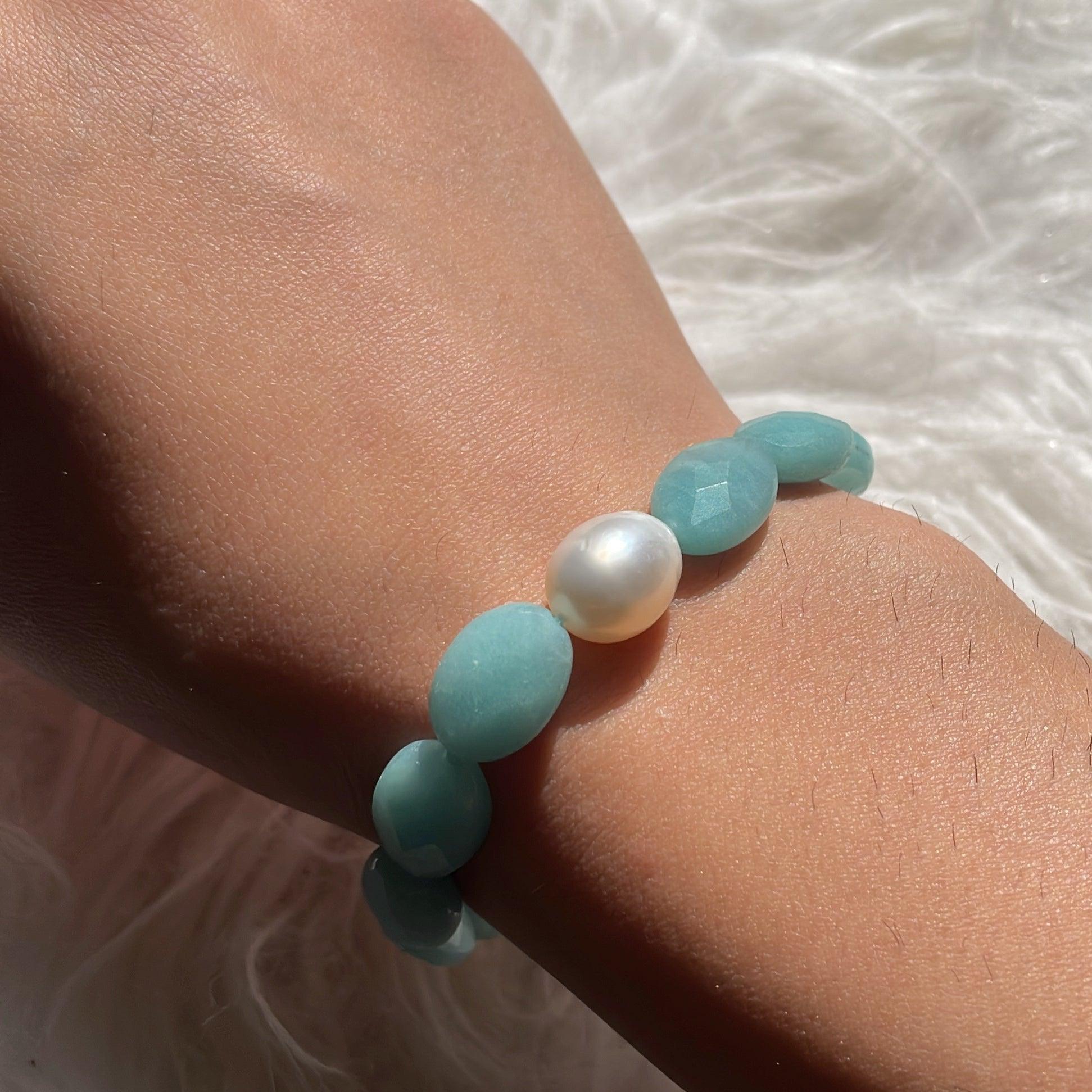 Amazonite Faceted Bead & Pearl Gemstone Bracelet - Natural Stone Jewelry for Women - Elegant Gift for Birthday, Wedding & Everyday Wear