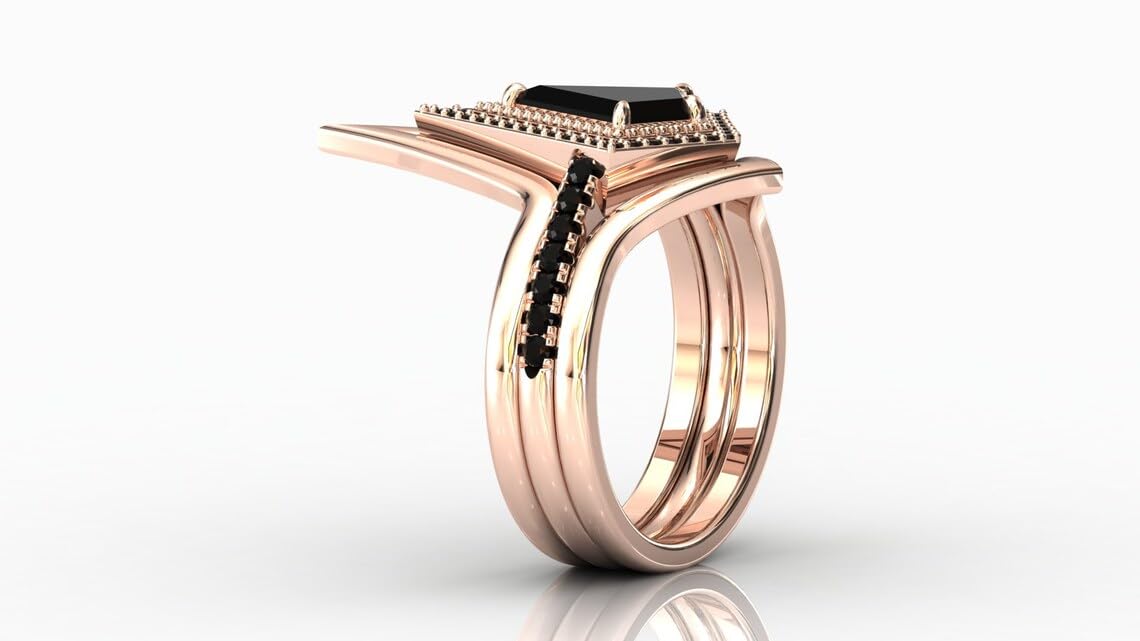 Vintage 1.5 CT Kite Shaped Black Onyx Engagement Ring Set - Art Deco Wedding Band & Anniversary Promise Ring - Antique Style Bridal Jewelry for Women - Perfect for Vintage Weddings, Proposals & Special Occasions