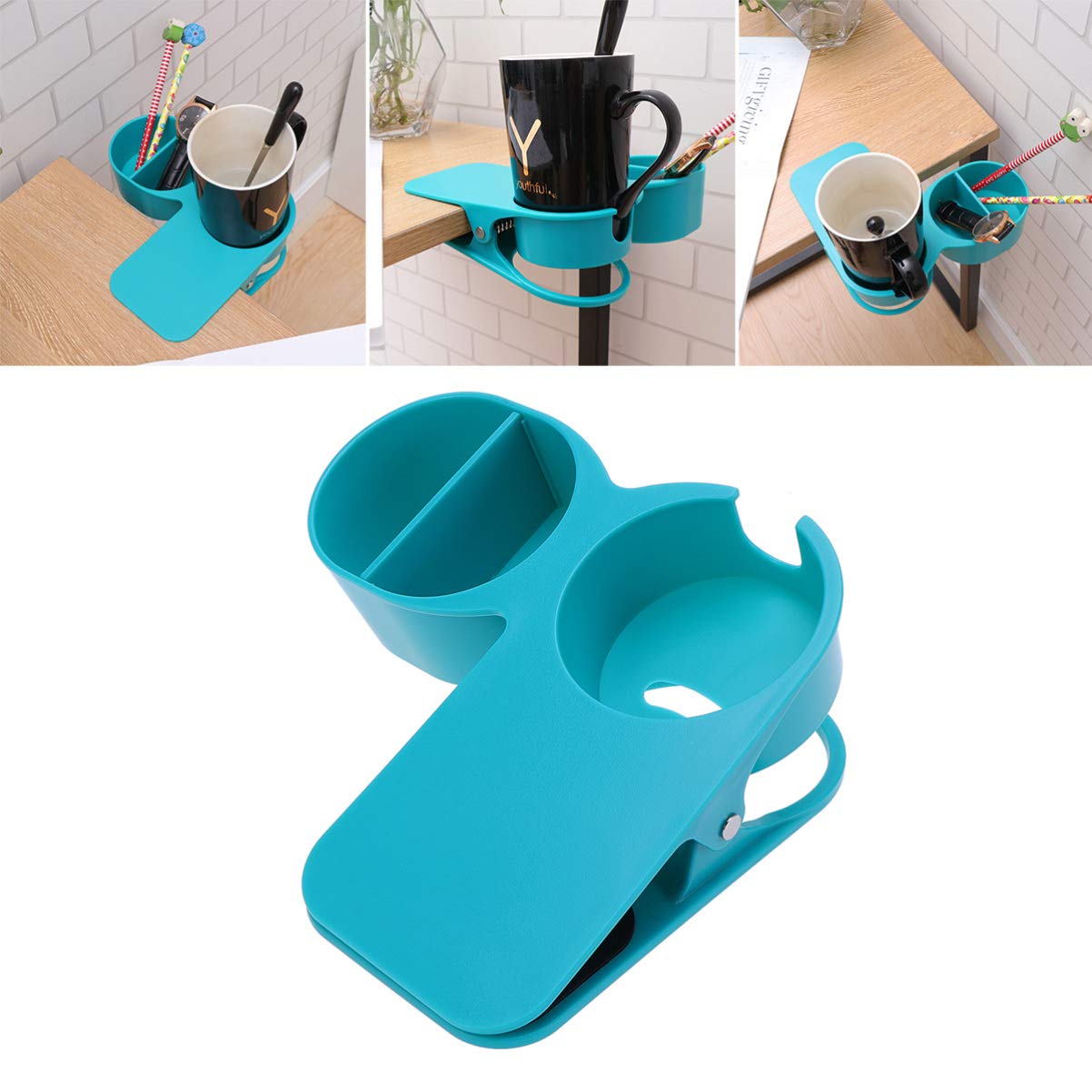 UPKOCH Clip On Cup Holder - Adjustable Drink Beverage Coffee Mug Organizer for Home, Office, Desk & Table Edge (Blue) - Perfect for Workspaces, Cars, Dorms & Outdoor Use