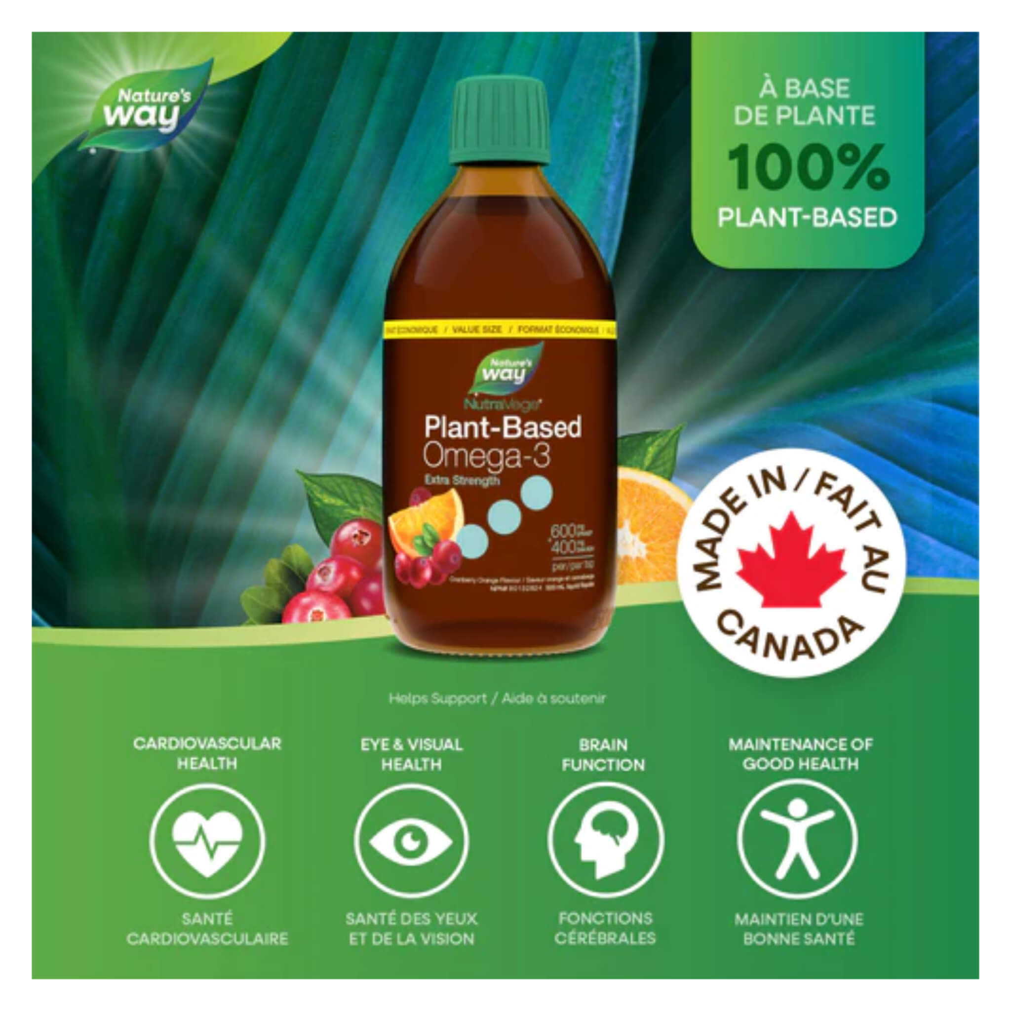 NutraVege 2x Omega 3 Plant-Based Liquid Supplement - Extra Strength Cranberry Orange Flavor | Supports Heart, Brain & Joint Health | Vegan & Non-GMO | Great for Smoothies, Yogurt & Healthy Drinks