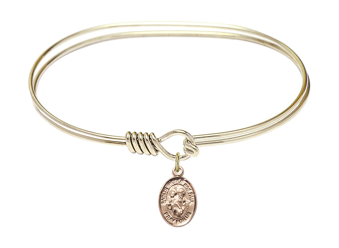 F A Dumont 7 Inch Oval Eye Hook Bangle Bracelet with St. Peter & Paul Charm - Elegant Religious Jewelry for Women, Gift for Baptism, First Communion & Church Occasions