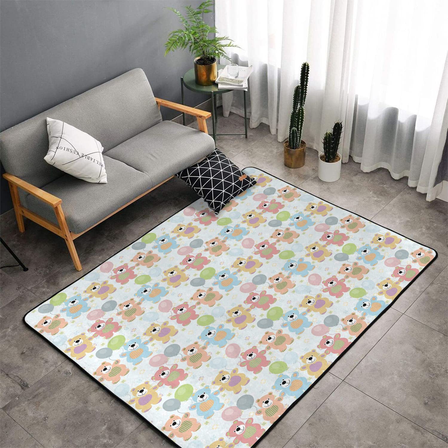 LANQiAO Nursery Rug - Happy Teddy Bears & Balloons Pattern, Cute Drawing Effect, Soft Pale Pink/Yellow/Blue, 63x95 Inch - Perfect for Baby Room Decor, Kids Play Area & Nursery Floor Mat
