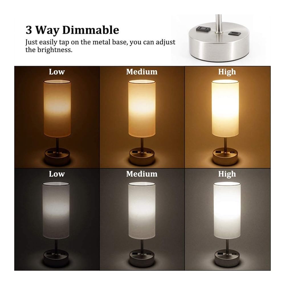 Modern Round Fabric Shade Bedside Table Lamp with 3-Way Dimmable Touch Control, USB-C Charging Port & AC Outlet - Nightstand Lamp for Bedroom, Living Room, Office Desk (Size A2) | Perfect for Reading, Working & Creating Cozy Ambiance