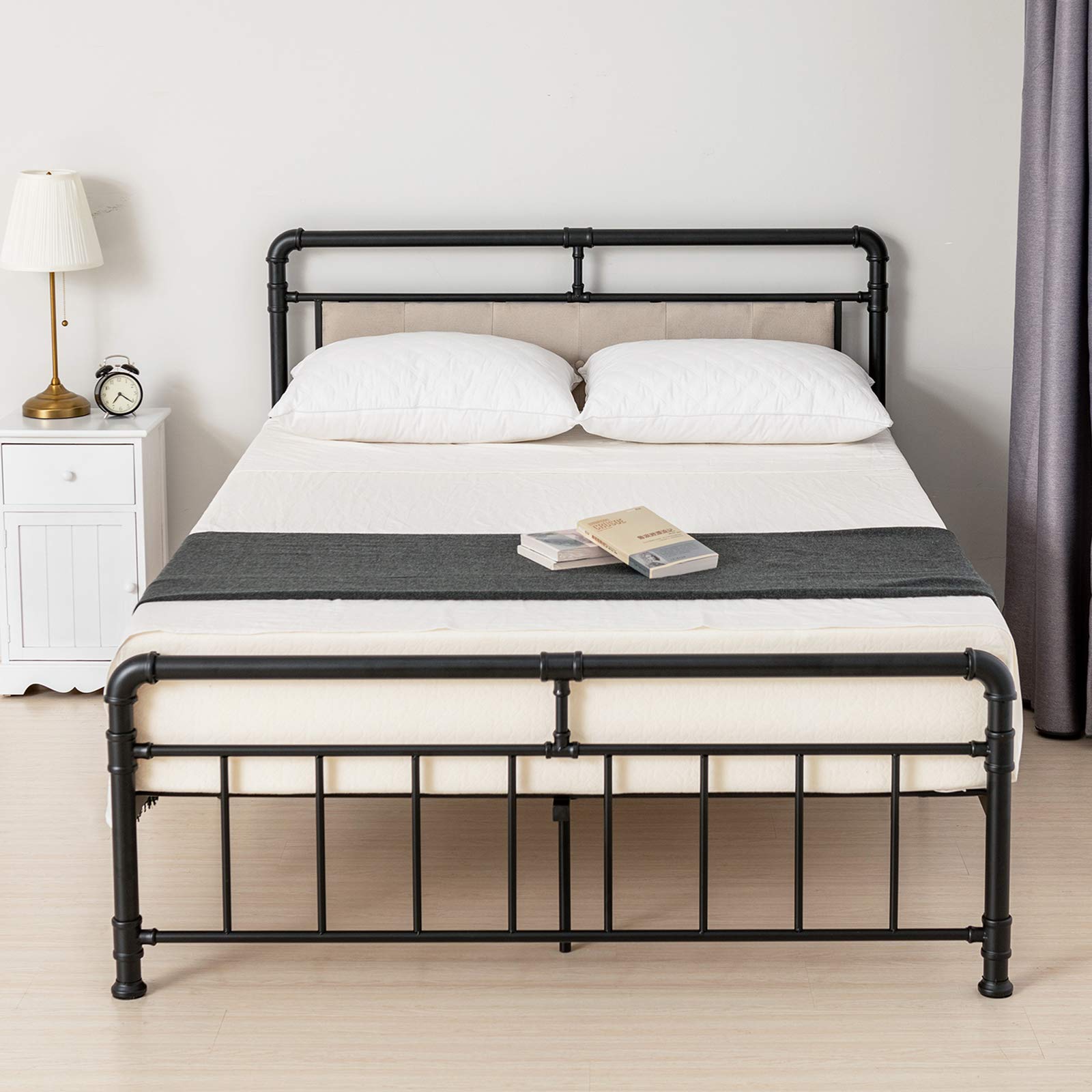 Vintage Upholstered Full Size Metal Bed Frame with Headboard & Footboard - Sturdy Mattress Foundation with Metal Slats, No Box Spring Required - Easy Assembly in Black - Perfect for Guest Rooms, Dormitories & Modern Bedroom Decor