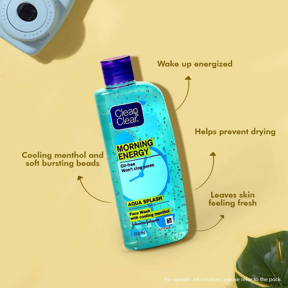Clean & Clear Morning Energy Aqua Splash Hydrating Facial Cleanser - 150ml Blue Bottle for Refreshing Morning Skincare Routine | Gentle Face Wash for Oily & Acne-Prone Skin | Wake Up Your Skin with Energizing Formula