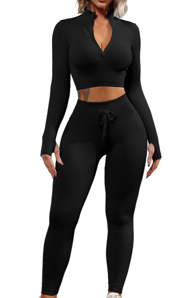 QINSEN Women's 2-Piece Seamless Workout Set - Long Sleeve Crop Top & Ribbed High Waist Leggings | Yoga, Gym & Running Outfit
